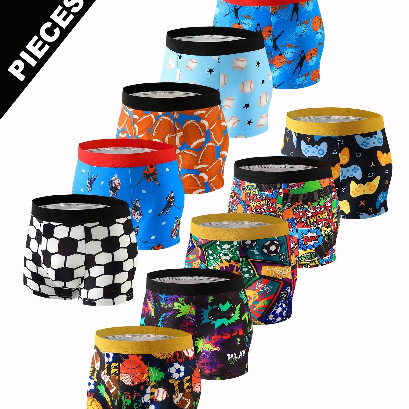 Image of 10pcs Boys' Cartoon Print Underwear For Big Kids, Featuring Game Console, Soccer, And Football Prints, Boxer Briefs