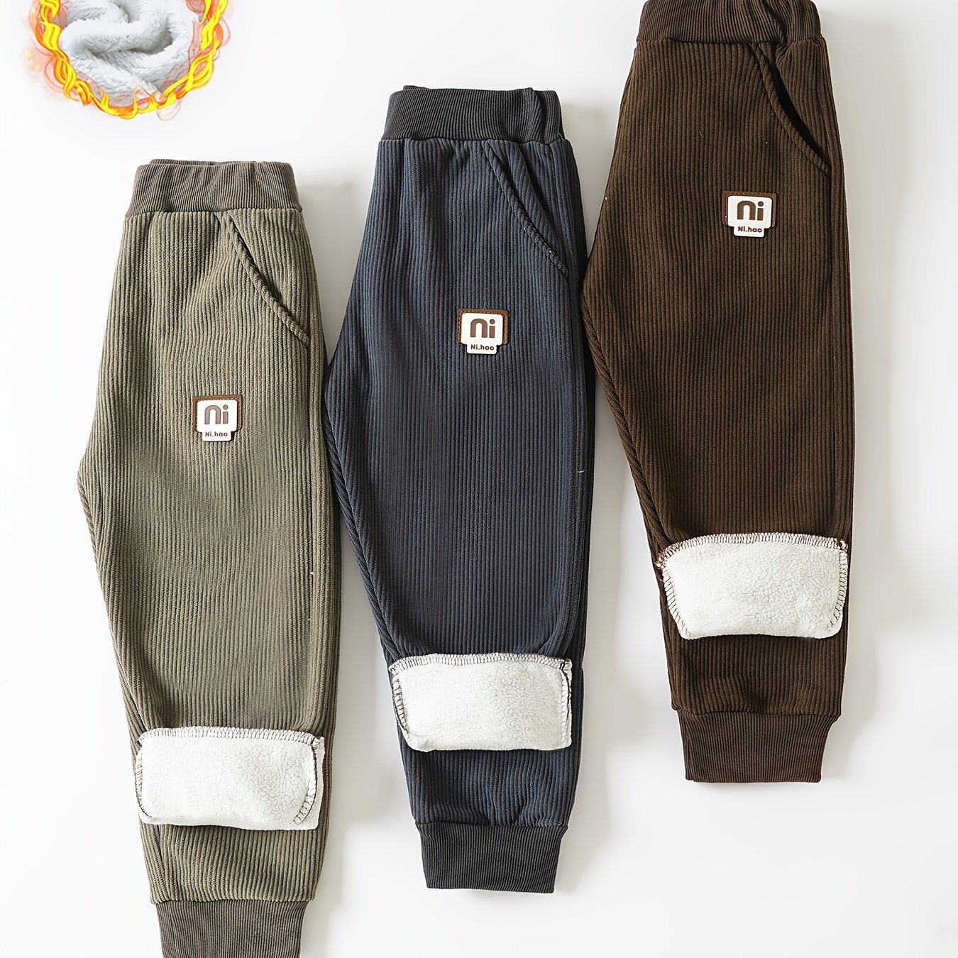 E-shop 3er-Pack stylische, lässige Sport-Hosen für Jungen (Lockere Passform), hergestellt aus leicht dehnbarem Cord-Mischgewebe (Fleece-futter) und