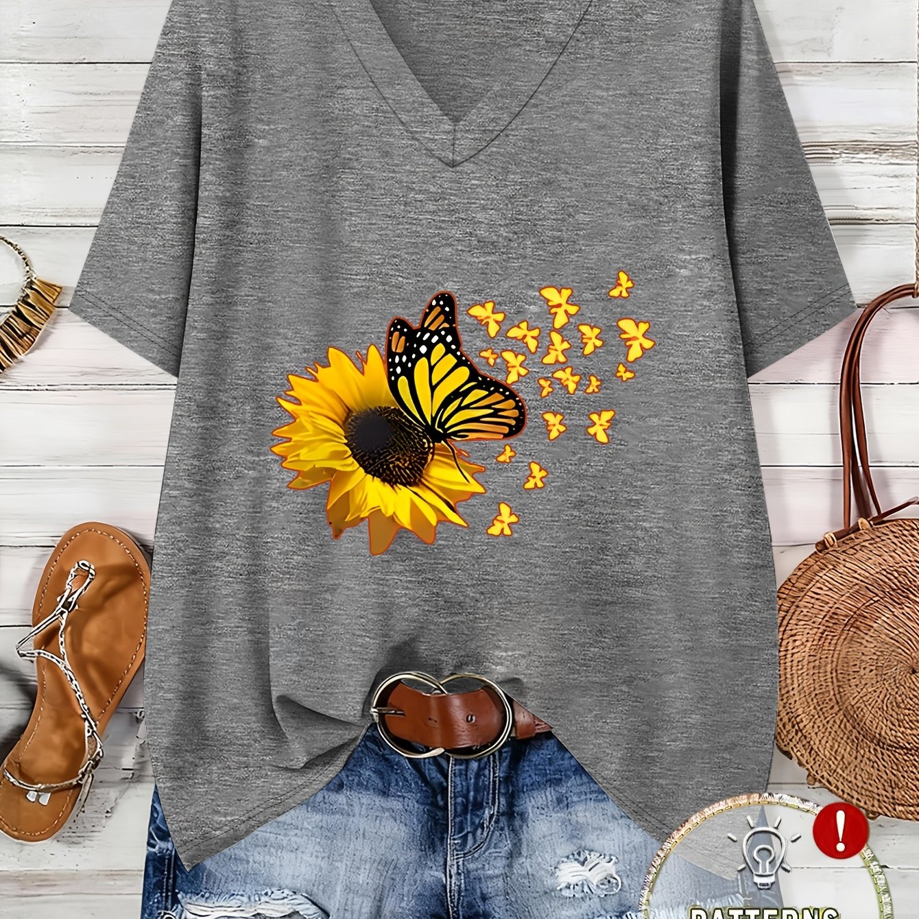 TEMU Plus Size, /summer Plus Size Women's Fashion Sunflower And Print Loose Fit Drop Shoulder Half-sleeve T-shirt, High-quality Women's Casual Short