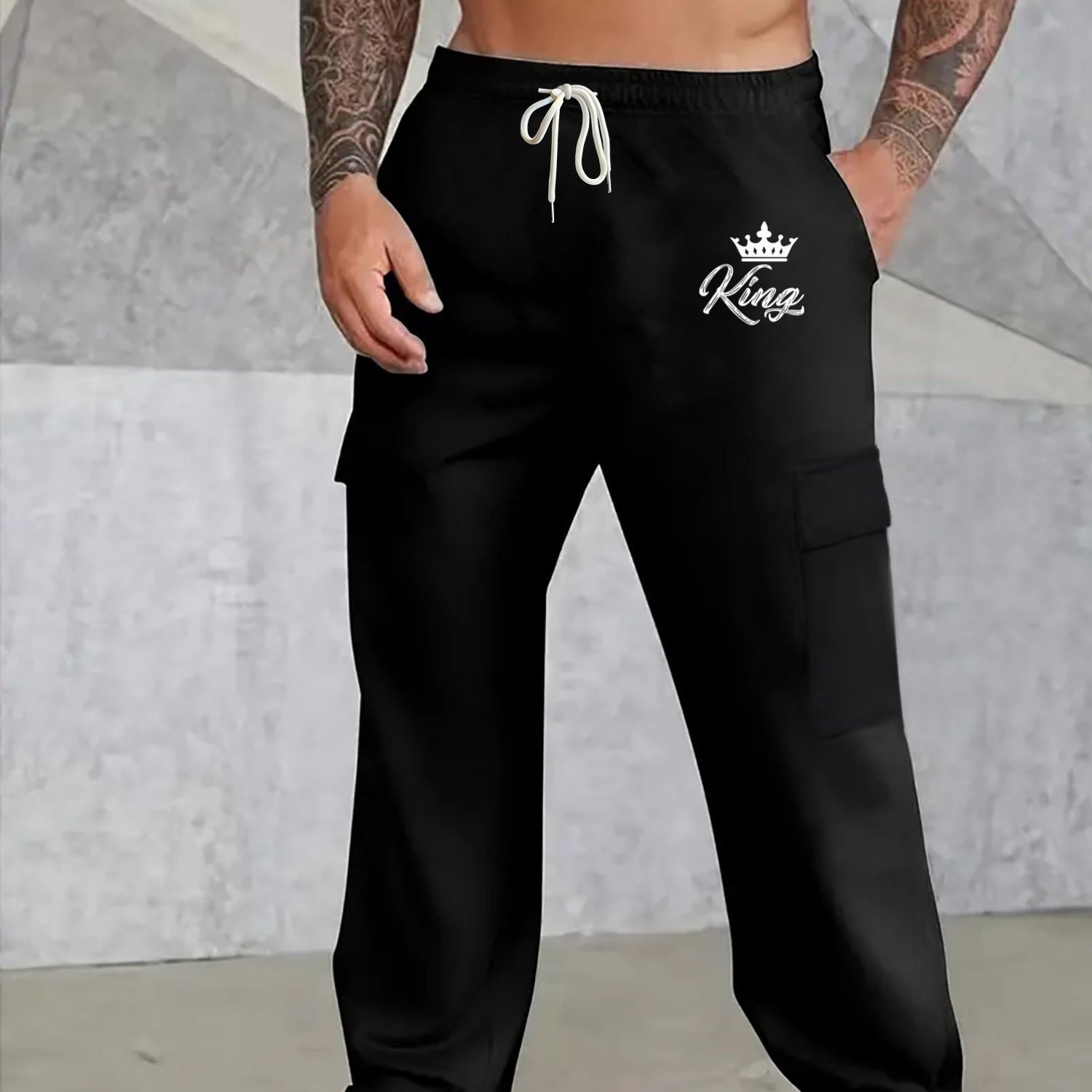 TEMU 1pc Men's Casual Polyester Cargo Pants With Crown Print - Loose Fit Drawstring Waist, Stretch Knit Fabric, Multi- For Fall/winter, Plus Size