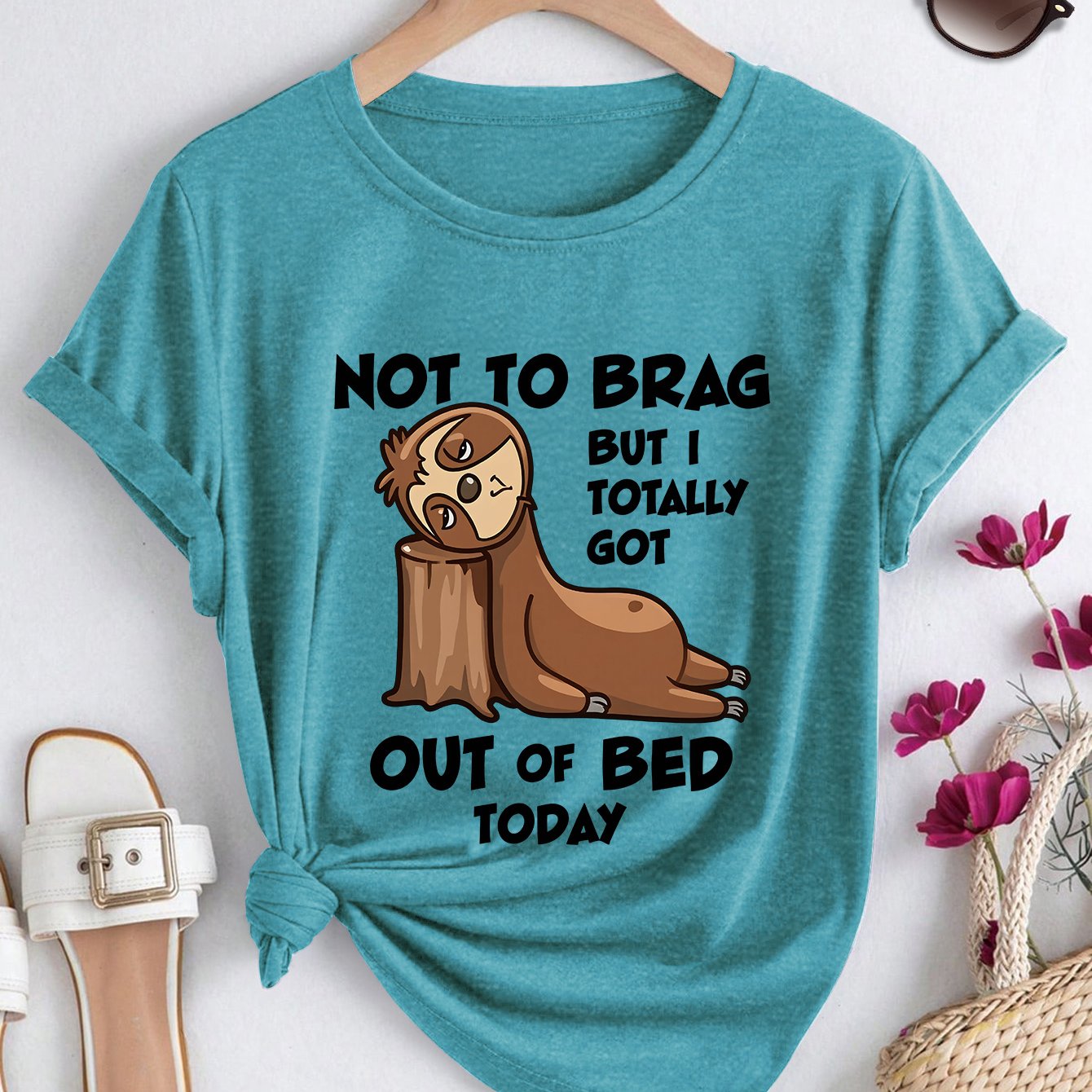 TEMU Plus Size Women's Summer Short Sleeve, Sloth Waking Up , Retro Round Neck Elegant Women's T-shirt, 2026 Spring Summer Soft Loose Casual Top,