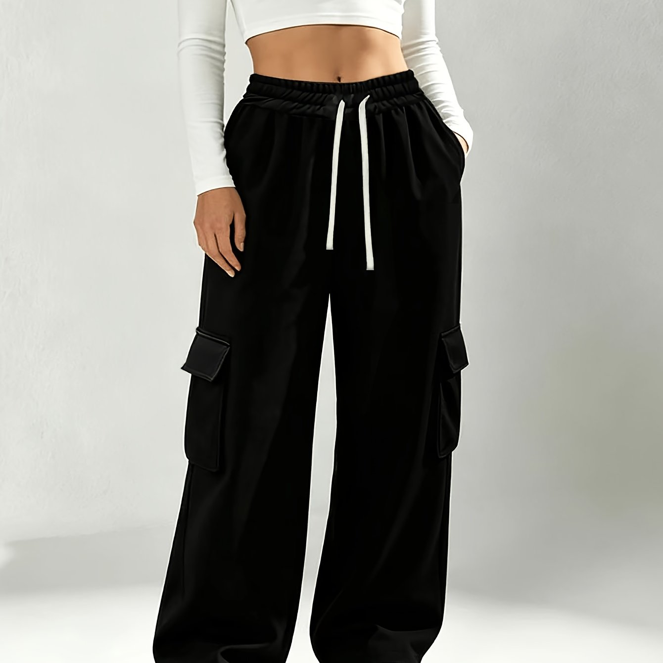 TEMU High-waisted Utility-style Wide-leg Pants With A Draped Feel, Loose-fitting For A Effect, Concealing , Casual Trousers With Elastic Drawstring,