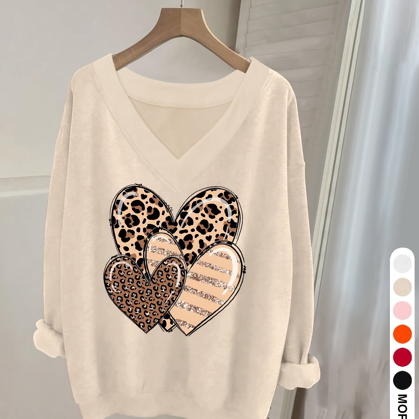TEMU 0829gwen, 1pc Casual V-neck Long Sleeve Sweatshirt, Heart Print, Women's Clothing, Long Sleeve T-shirt, Long Sleeve Top, Fashion Top