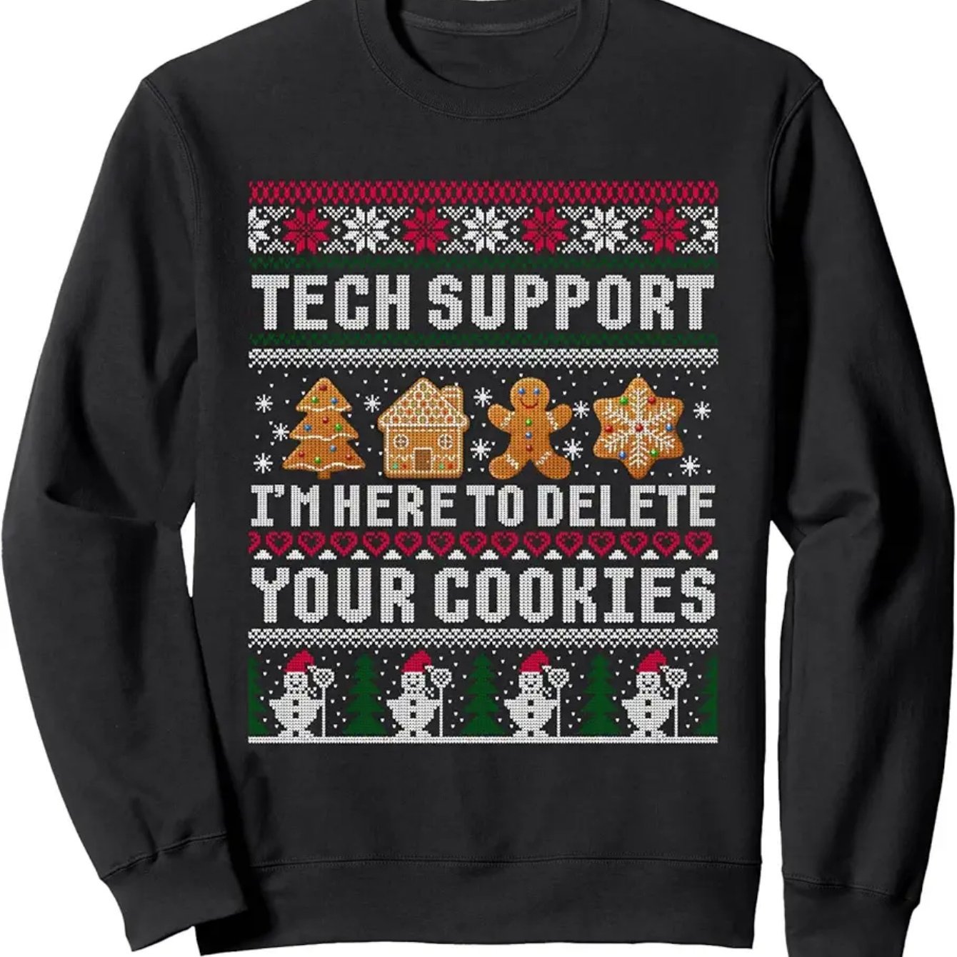 TEMU Funny Tech Support Christmas Sweatshirt - " To Delete Your " Tech Joke Design, With Red & Holiday Patterns, Long Sleeve Crew Neck