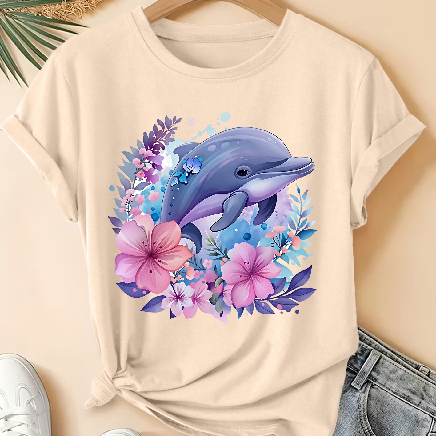 TEMU Women's Summer Apparel, Purple Dolphin Style Printed Round Neck Short Sleeve Casual Plus Size Friendly T-shirt, Fashionable Commuting, Vacation,