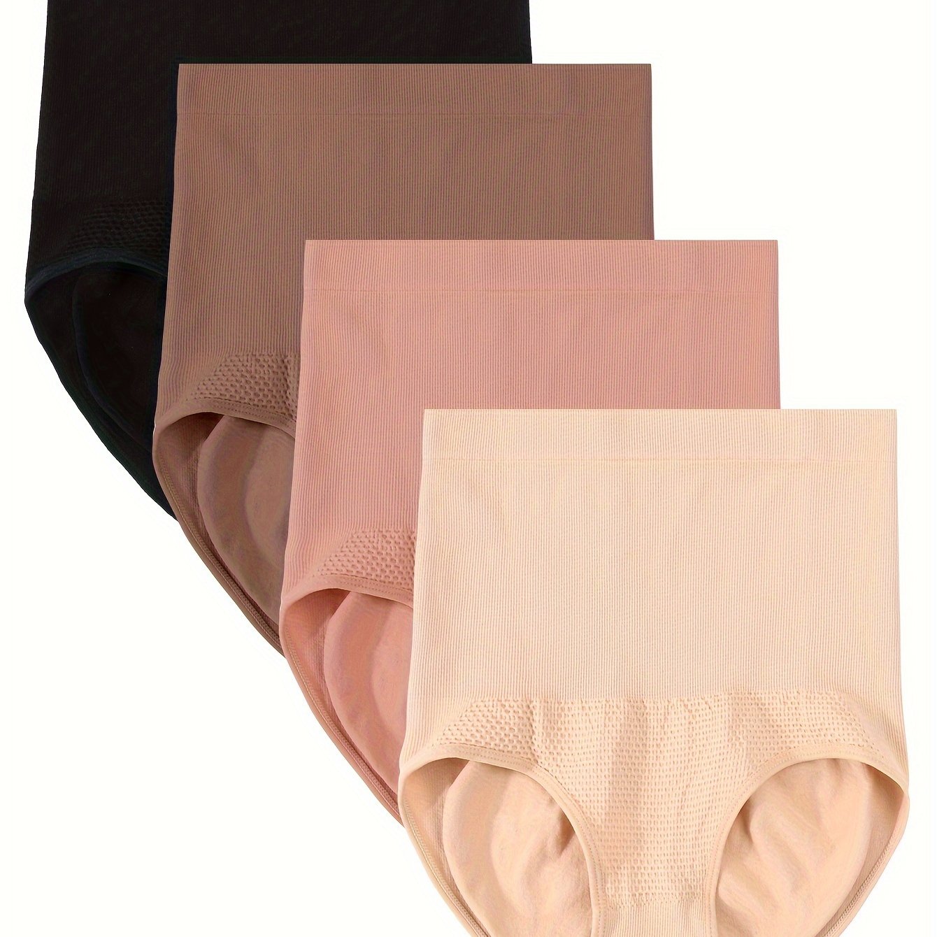 Image of 4pcs -waist Shaping Panties For Women - Seamless, -lifting, Tummy Control, Beige, Black, Brown, Peach, High Waisted Briefs With Ribbed Texture, High Waisted Briefs