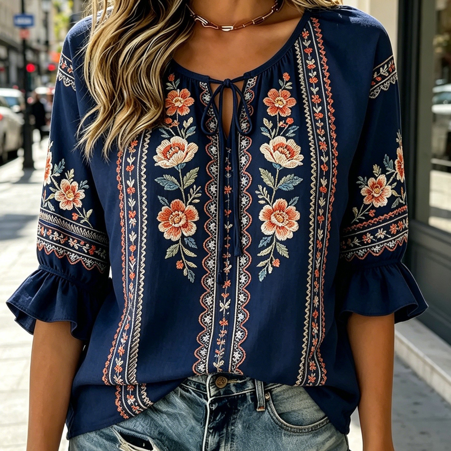 Image of Plus Size - Women's Ethnic-style Geometric And Floral Print Ruffle Shirt, Casual Three-quarter Sleeve Shirt With Tie-front, Suitable For Beach Wear And Casual Outfits