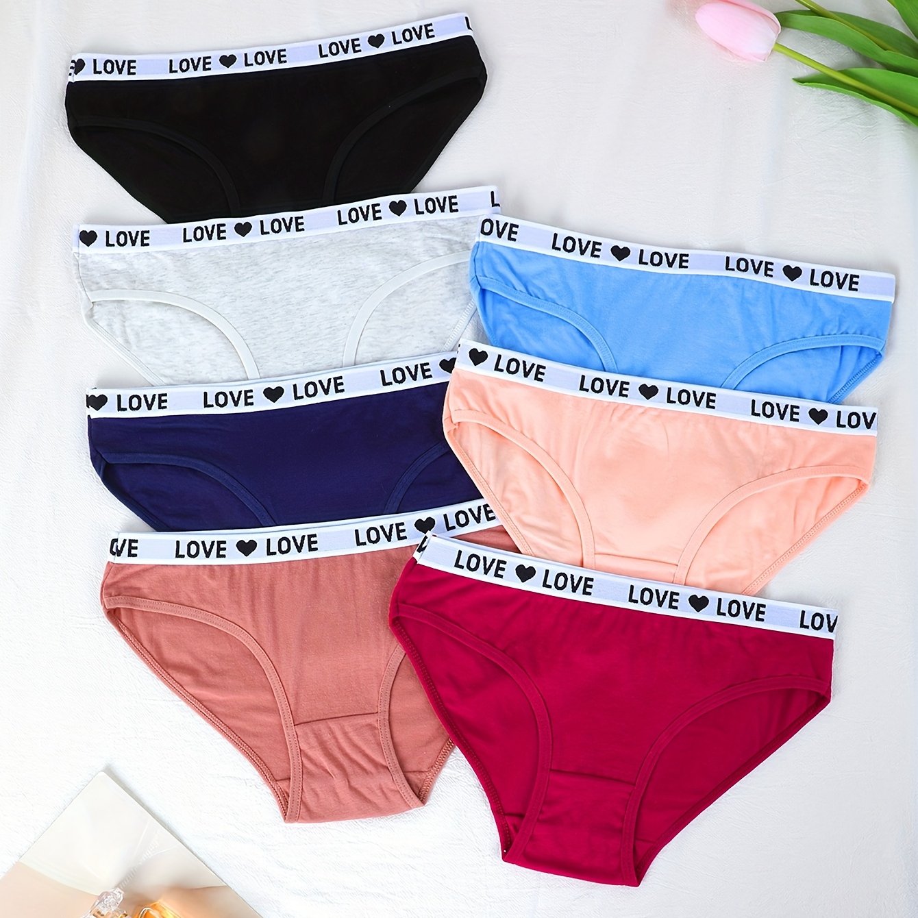 TEMU 7pcs Women's Briefs - Low-rise Breathable Stretchy Panties With "love" Heart Tape Design, Soft Solid Color Underwear For Everyday (), Daily