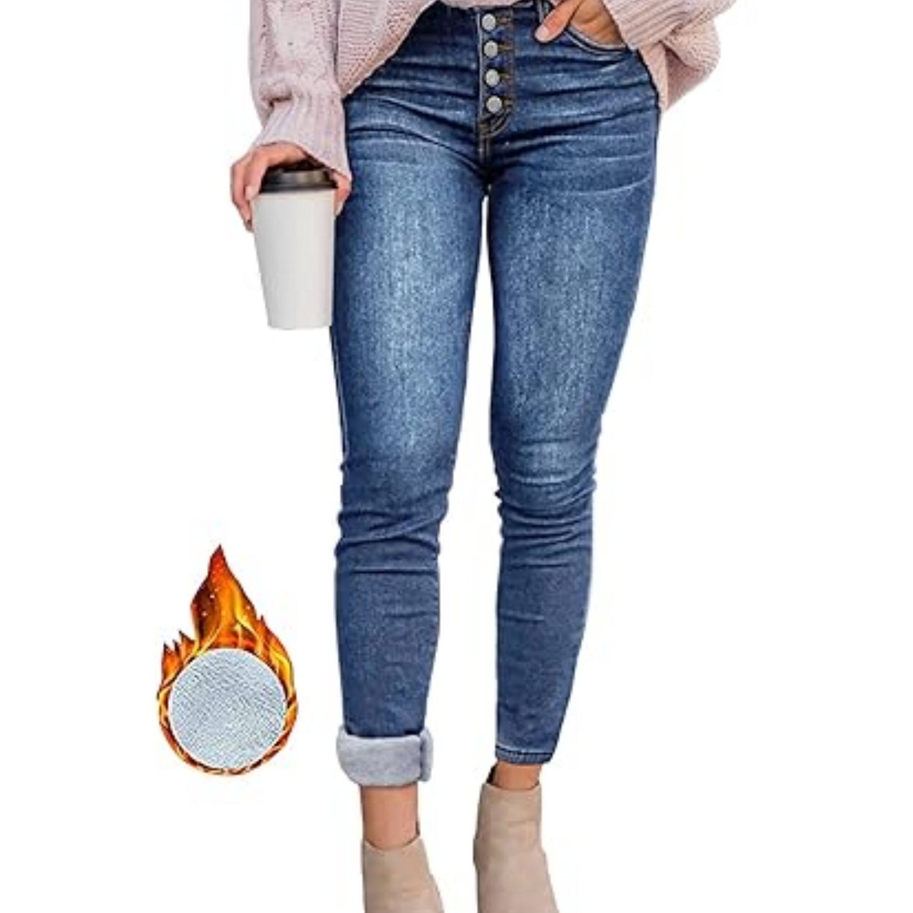 Women's Plush-lined Slim-fit Jeans With Diagonal Pockets, With A Fitted Design, Button-up Stretchy Women's Denim Wear.