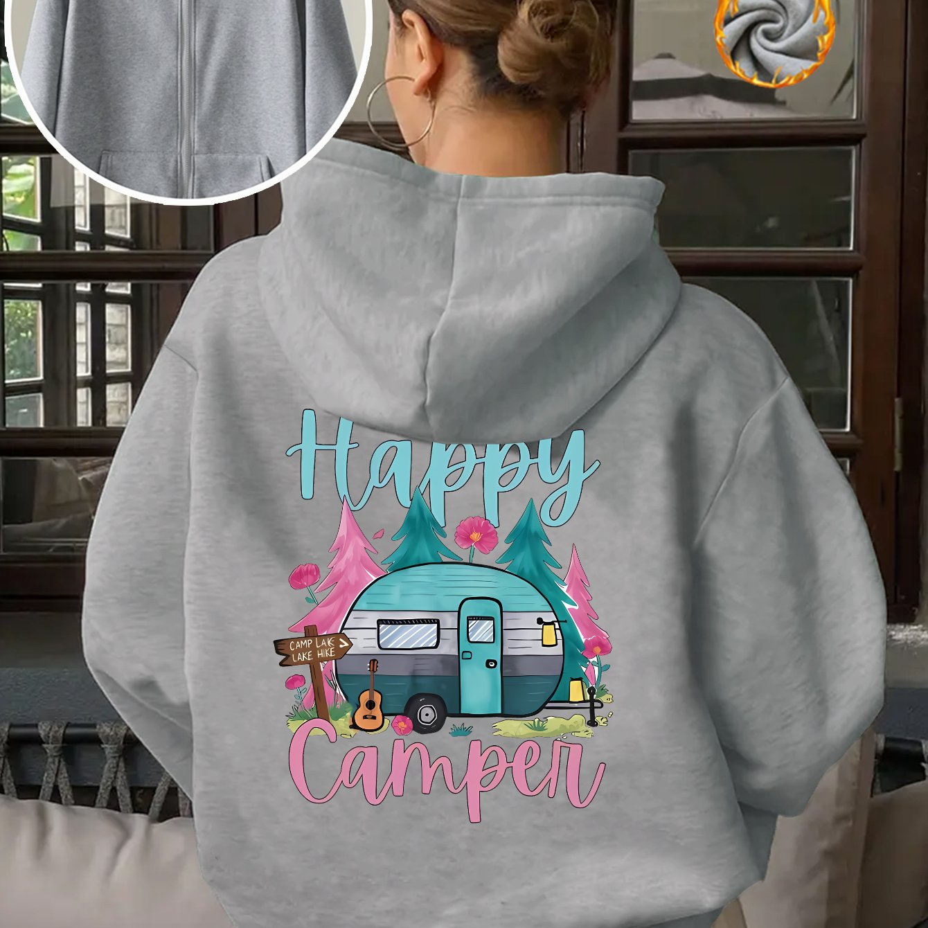 TEMU Print, Women's Fashion Zipper Back Print Hooded Sweatshirt For Autumn And Winter, Kangaroo Cardigan Elegant Casual Sportswear Top