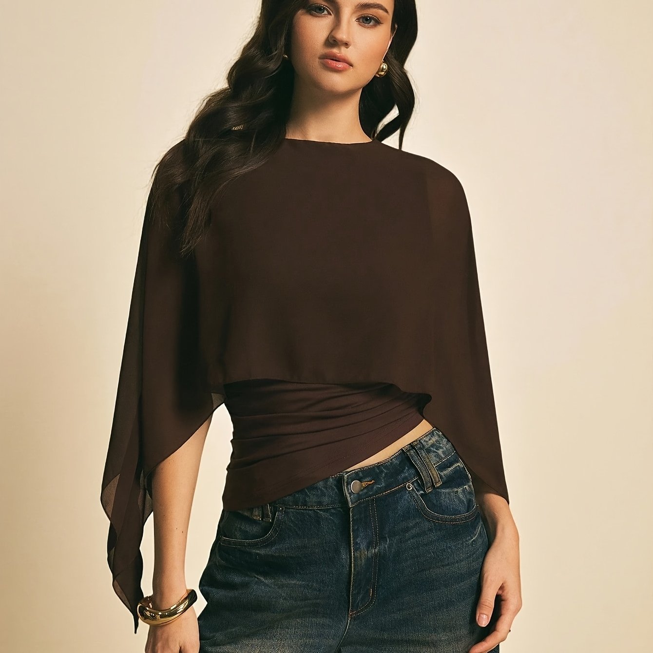TEMU Women's Brown Shawl Collar Casual Top