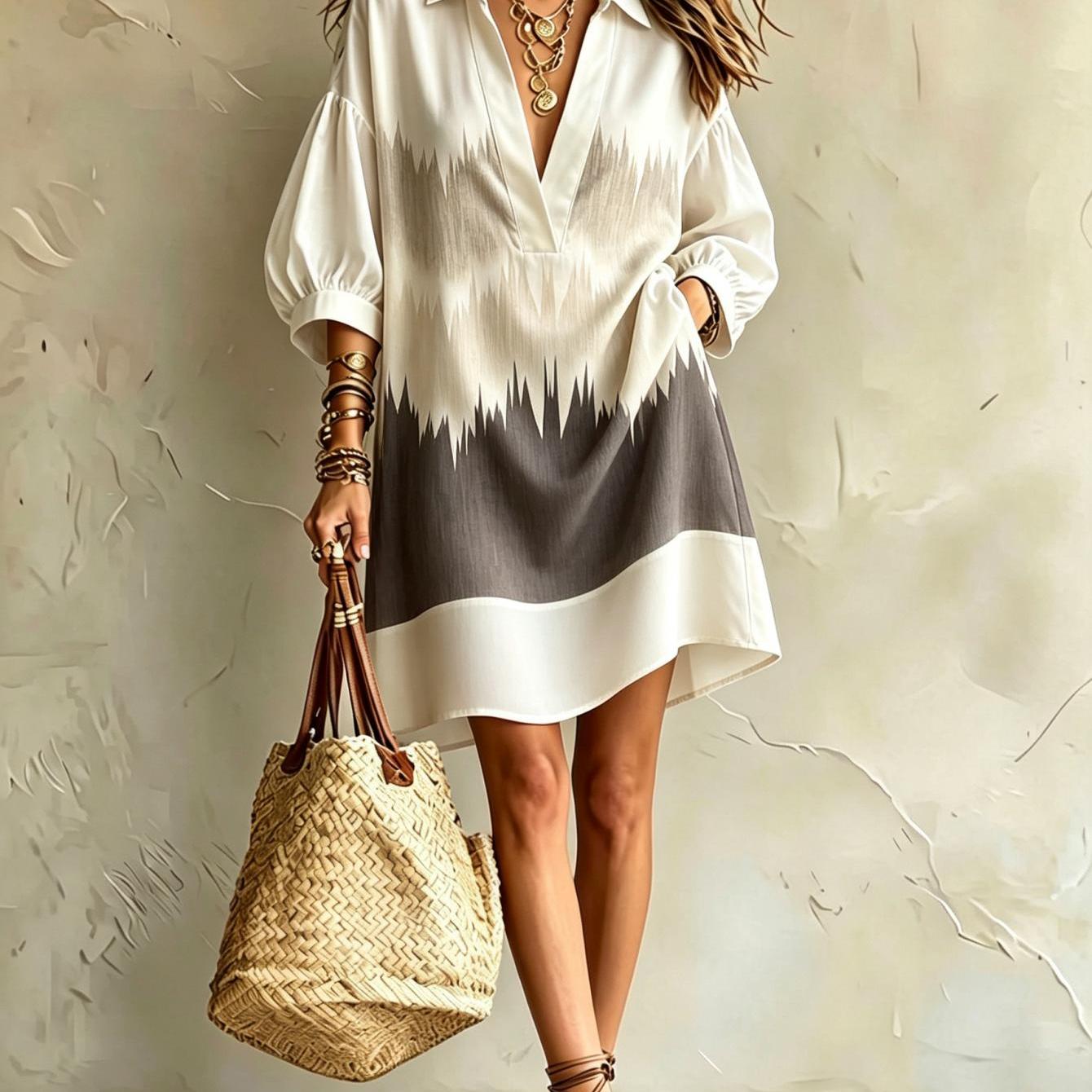 Image of Women's Summer Dress Pattern Print 3/4 Sleeve Collared Shirt Dress Gradient Color Block Elegant Luxurious Ladies Dress Made Of Fabric Loose Design Ideal For Vacation And Daily Outfits