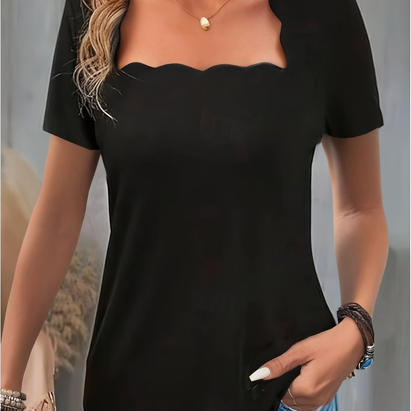 Women's T-shirt, Formal Top, Simple Solid Color, , , Short Sleeve, Square Neck, Summer Women's Clothing