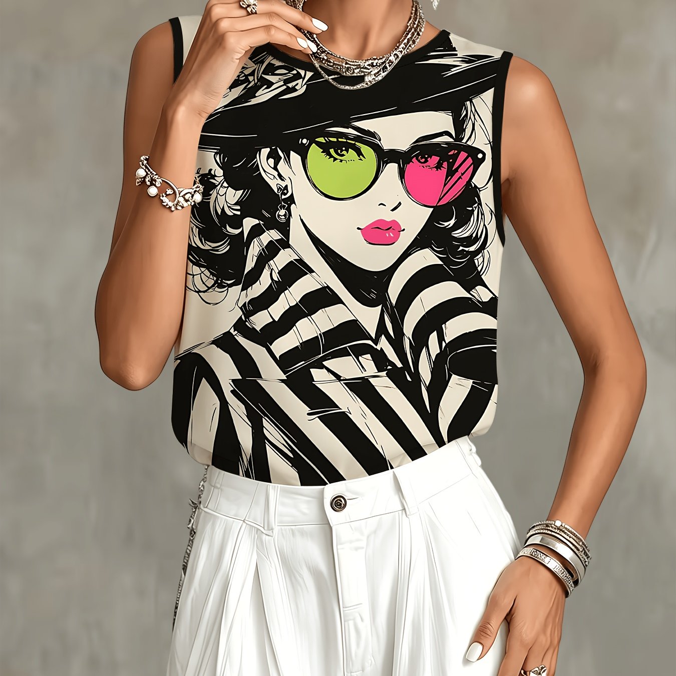 TEMU Fashion Printed Sleeveless Top, Women's Trendy Individual Pattern Vest, Black And White Striped Design, Summer Versatile Style