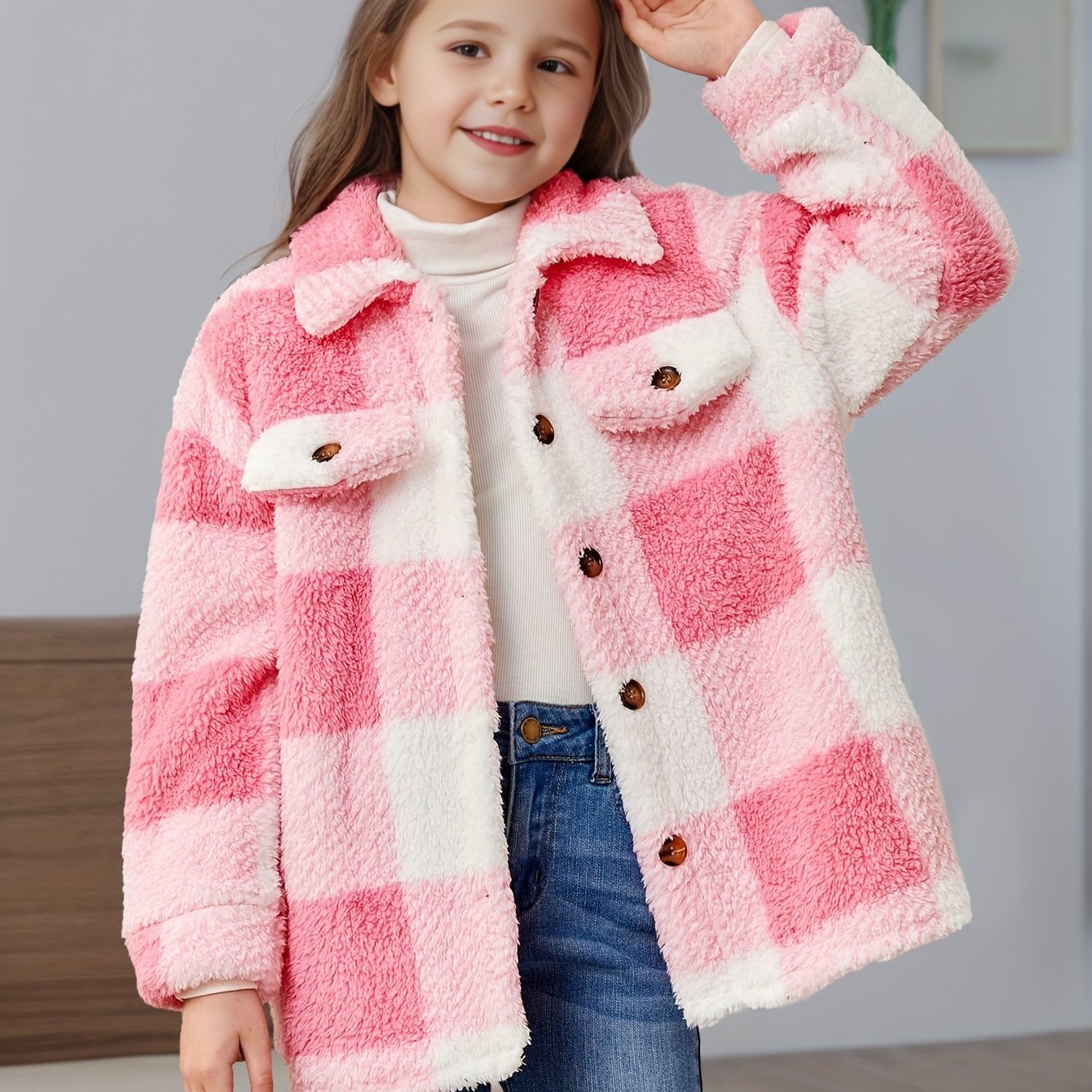 Image of Girls' Autumn/winter Fashionable Pink Plush -lined Warm Jacket