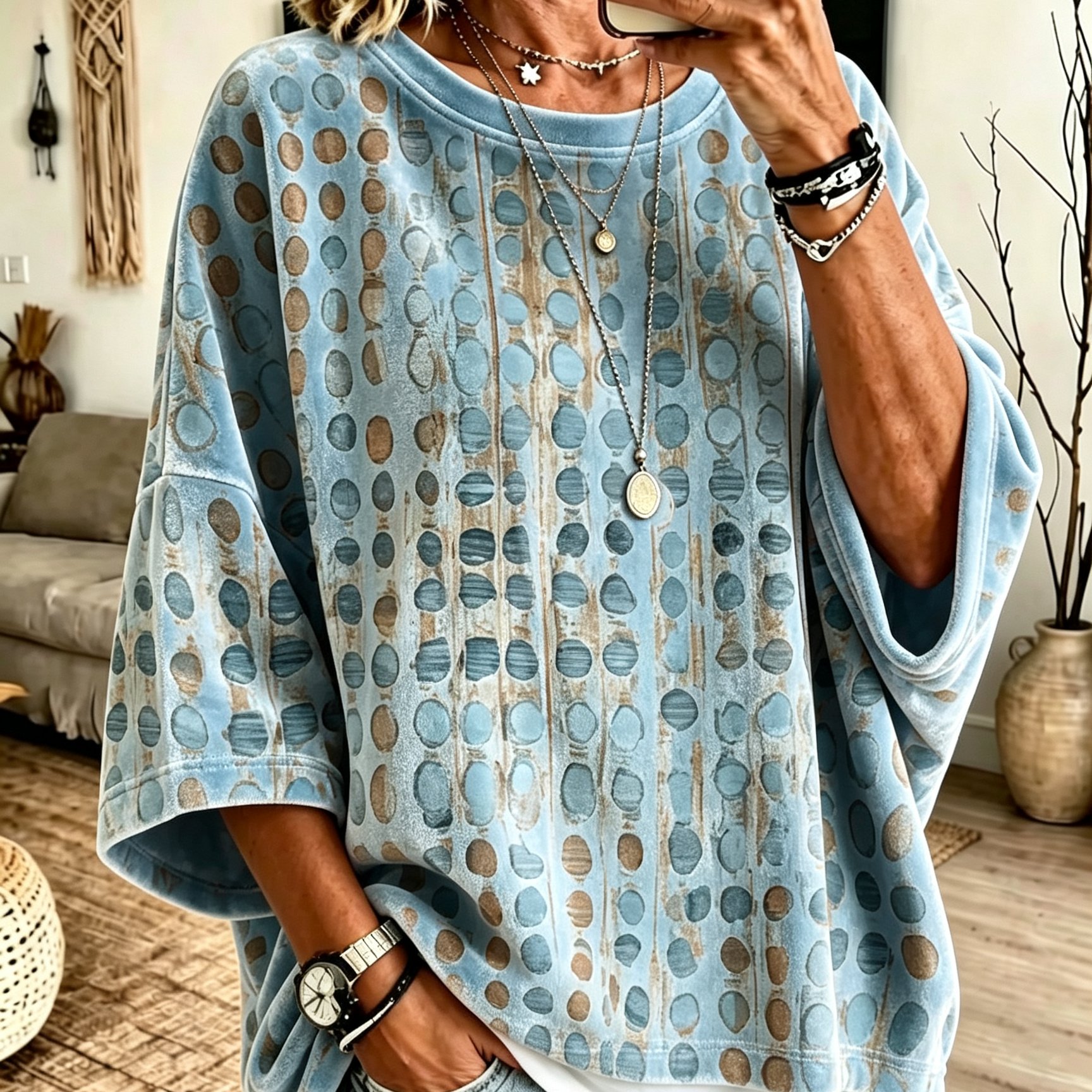 TEMU Artistic-style Printed Women's Velvet Top; Elegant, Loose-fitting Casual Top Featuring Contrasting Polka- And A Round Neck.