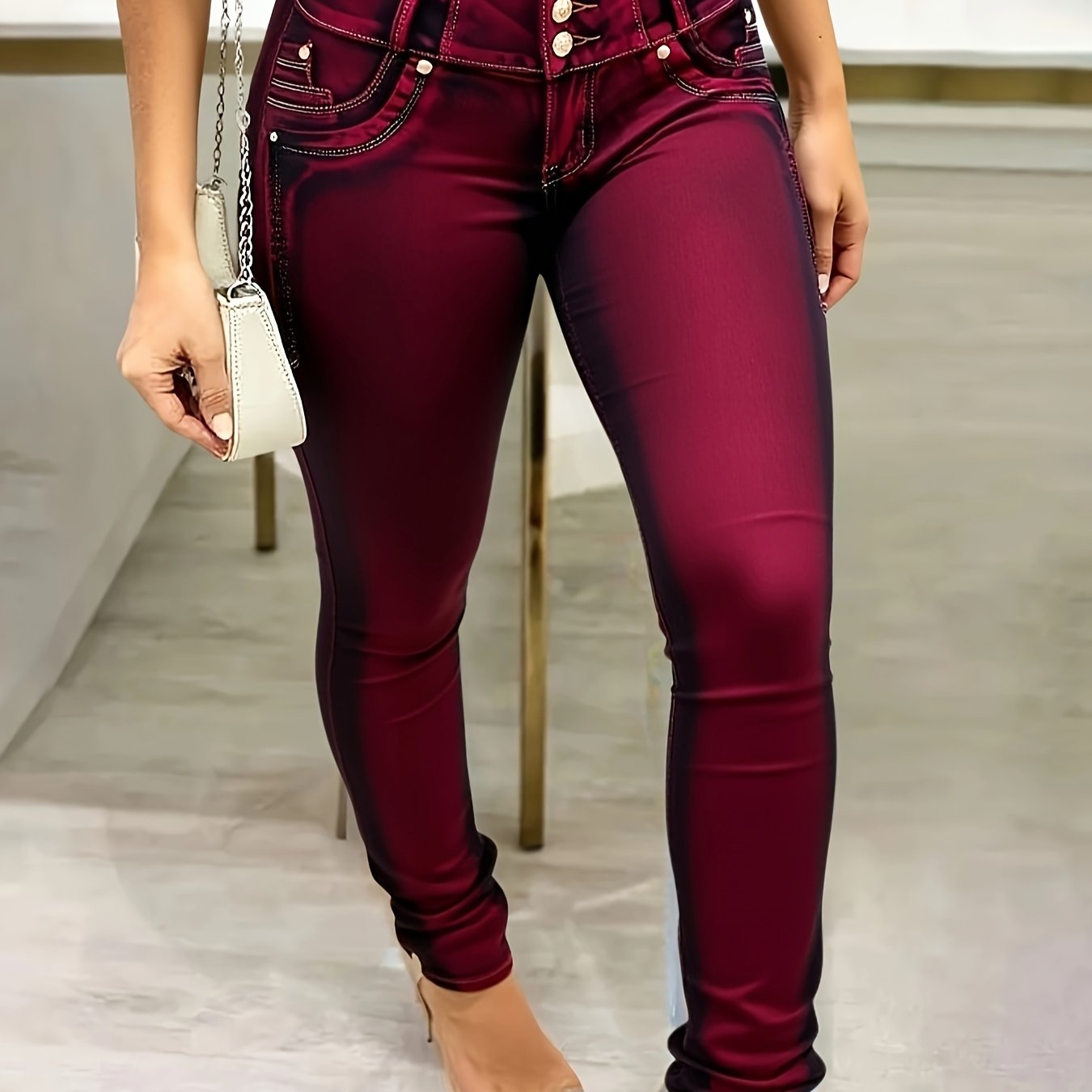TEMU Women's Fashionable Stretch Jeans, Mid-waist Stretch, Hip-lifting And, Wine Red Elegant Style Jeans, Suitable For , Design On The Waist,