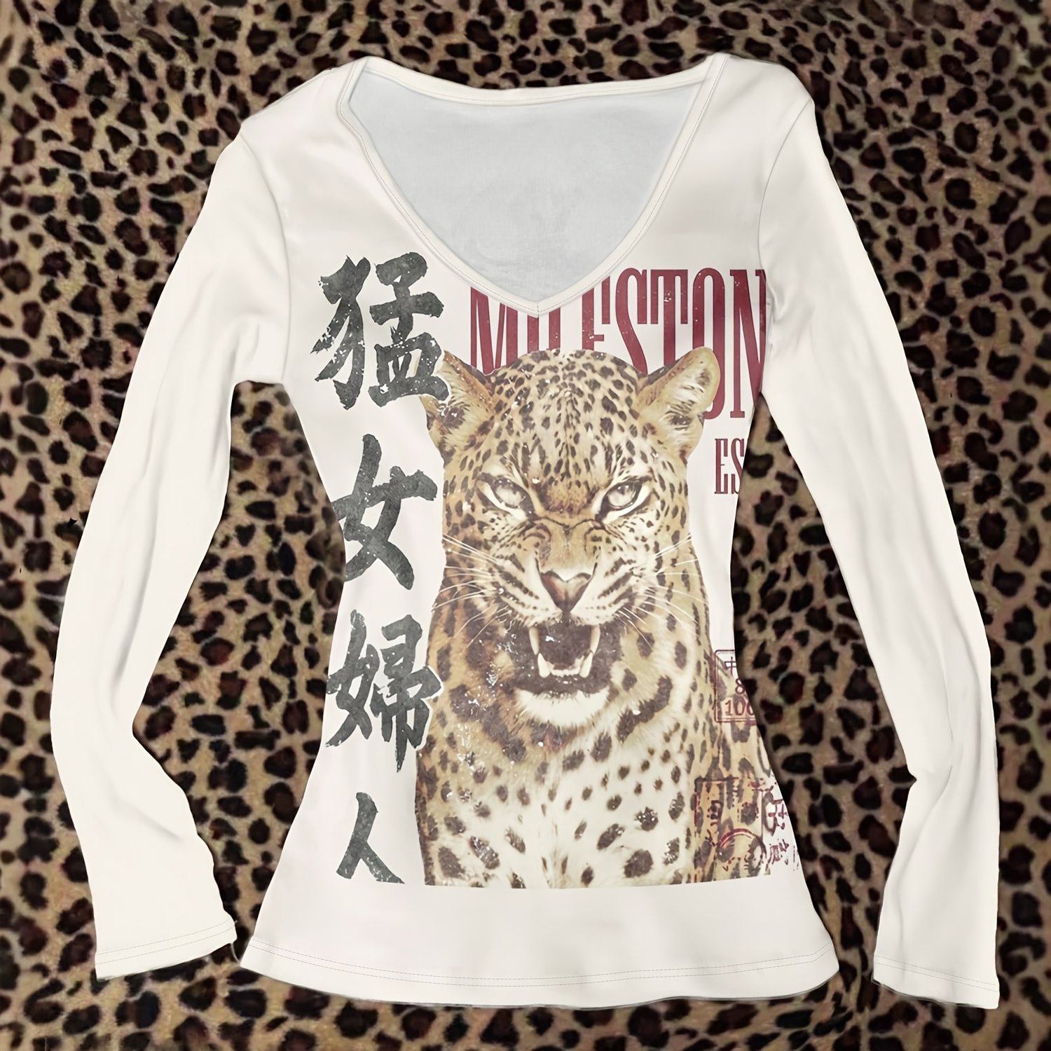 TEMU Women's Summer Vintage Distressed Leopard Print V-neck Long Sleeve T-shirt, Chinese Character " Woman" Slim Fit Cropped Base Layer, Y2k Spicy