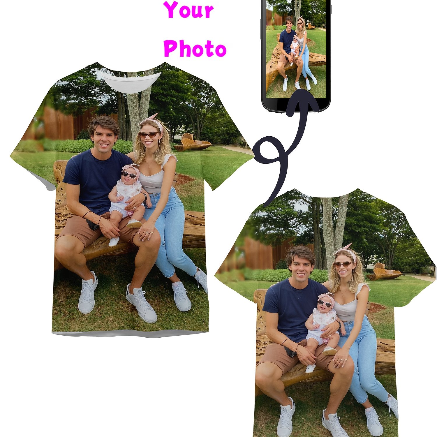 E-shop Großformatiges Custom 3D-Foto-T-Shirt – Personalisiertes Familienporträt & Textdruck, beidseitig bedruckt, ganzjährig , individueller Foto- für