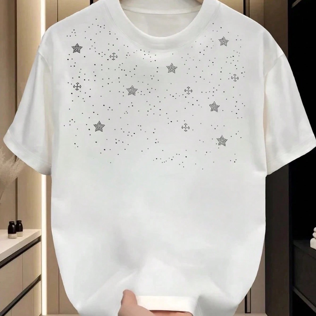 TEMU [print Design Not Textured//sequins Not Jean The Print/no Additions Included/white Sheer] Men's T-shirt With Print "y2k Stars" Pattern, Round