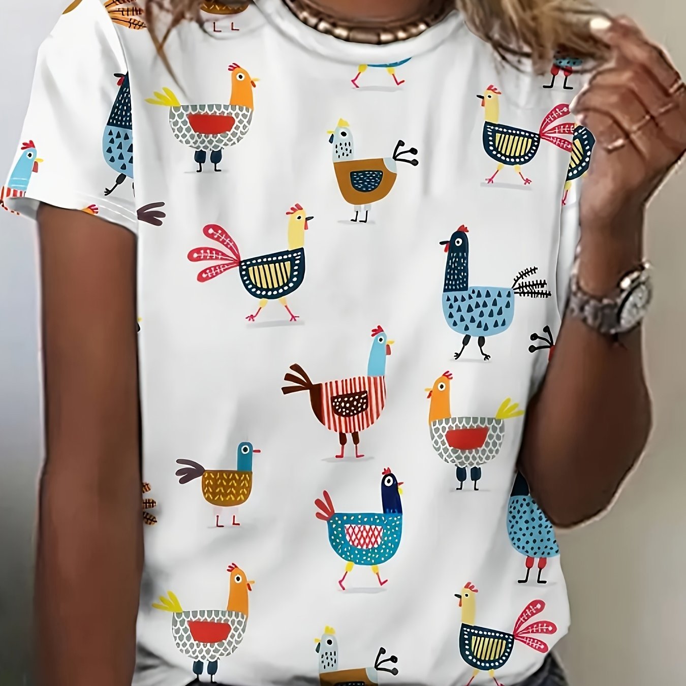 E-shop Damens Casual Kurzarm T-Shirt mit Buntem Cartoon-Hühnerdruck – Rundhalsausschnitt, Regular Fit, Maschinenwaschbar, Ganzjahres-Oberteil,