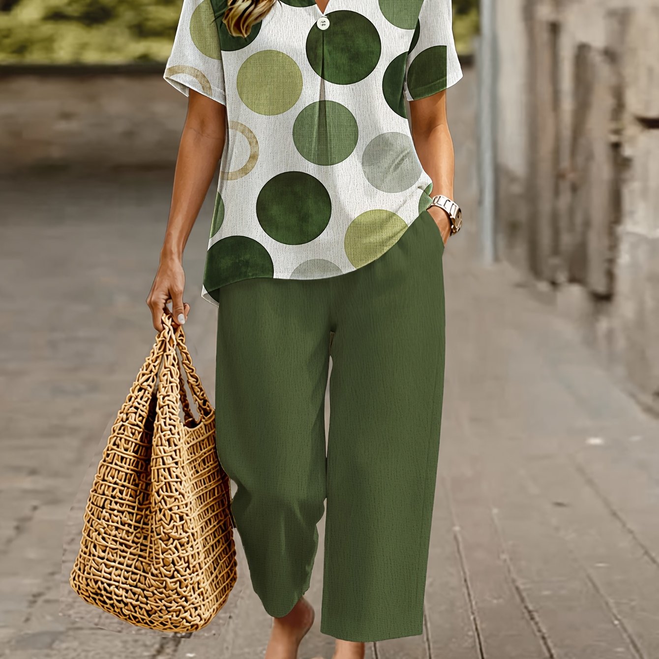 TEMU Plus Size Women's Geometric Print Two-piece Set, Short Sleeve Top With Elastic Waist Pocket Pants, Casual Vacation Outfit
