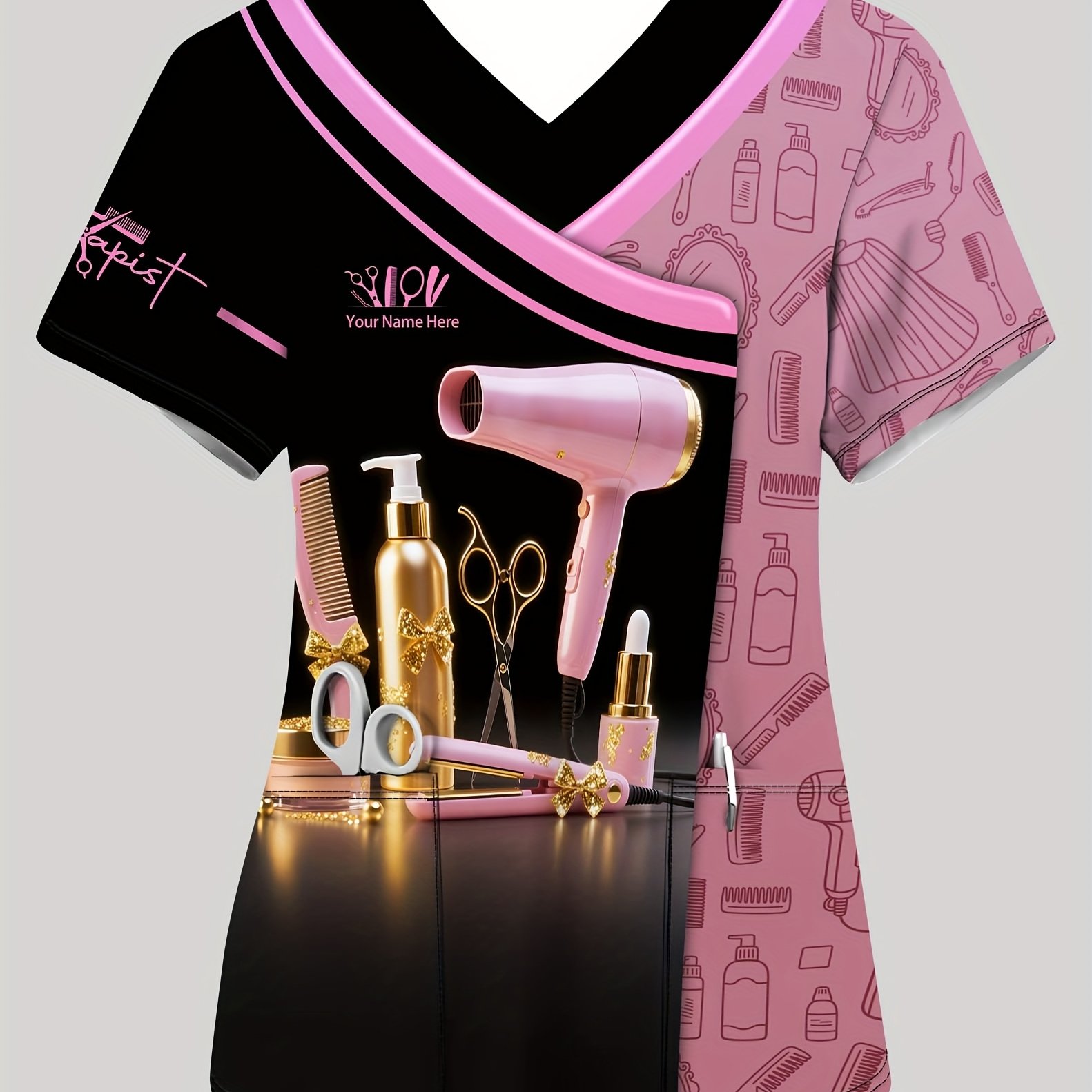 TEMU [custom] Hairdresser Name Custom V-neck T-shirt, Casual Comfortable Uniform With Pocket, Personalized Name Print Women's Clothing, Hairdresser