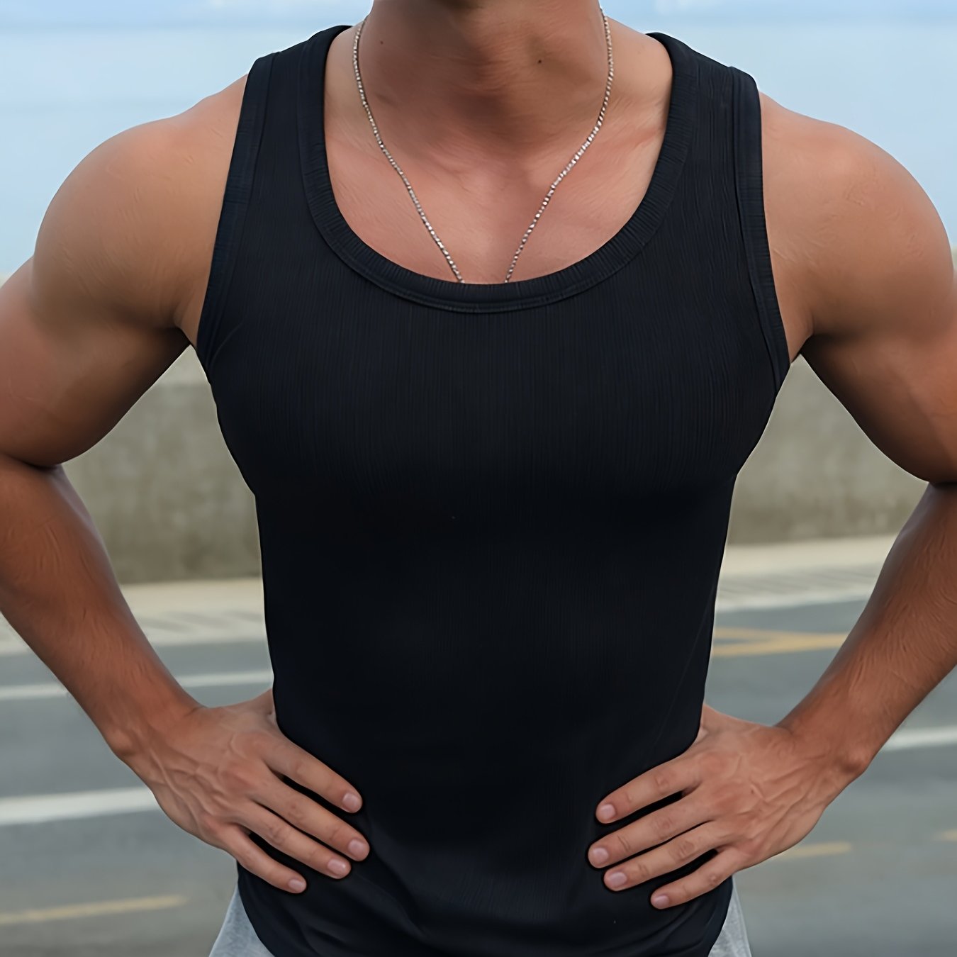 TEMU Men's Fashion Inner Wear Ribbed Vest Solid Large Neckline Low-cut Chest Y-back Elastic Sports Fitness Slim Fit Tank Top Outdoor Sports