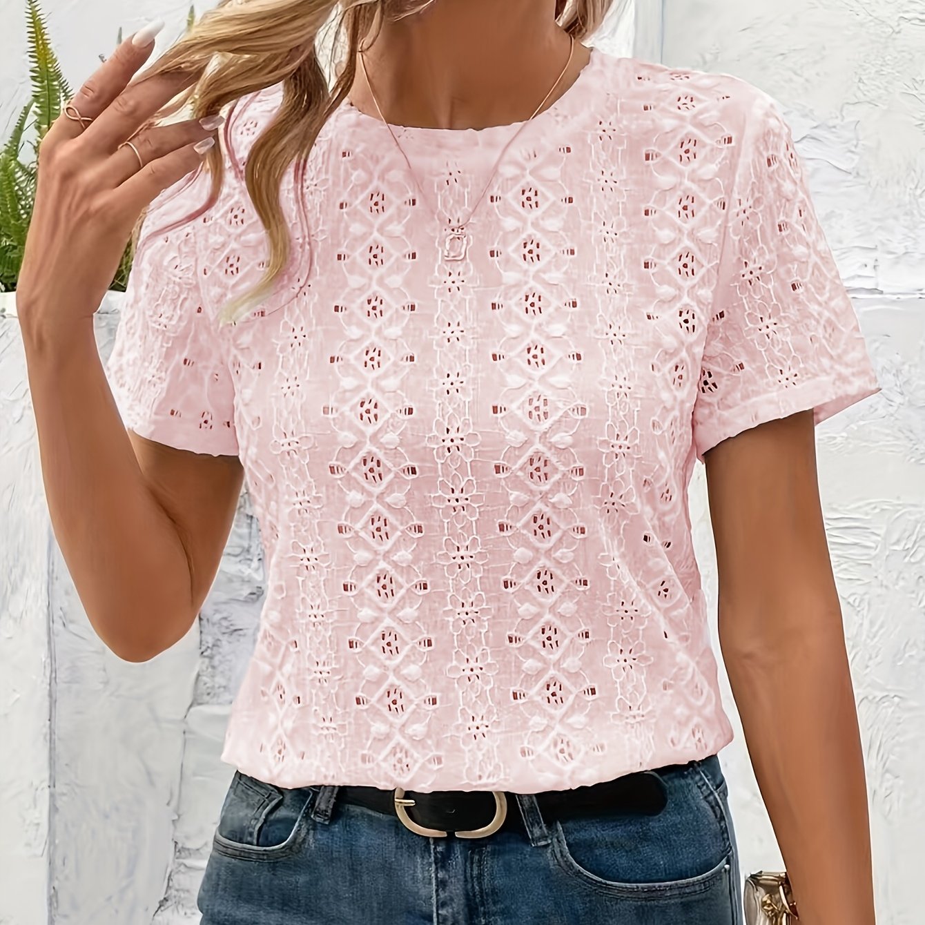 Image of Plus Size - Plus Size - Western Fashion Summer New Plus Size Women' Color Small Hole Short Sleeve Round Neck Casual Comfortable T-shirt
