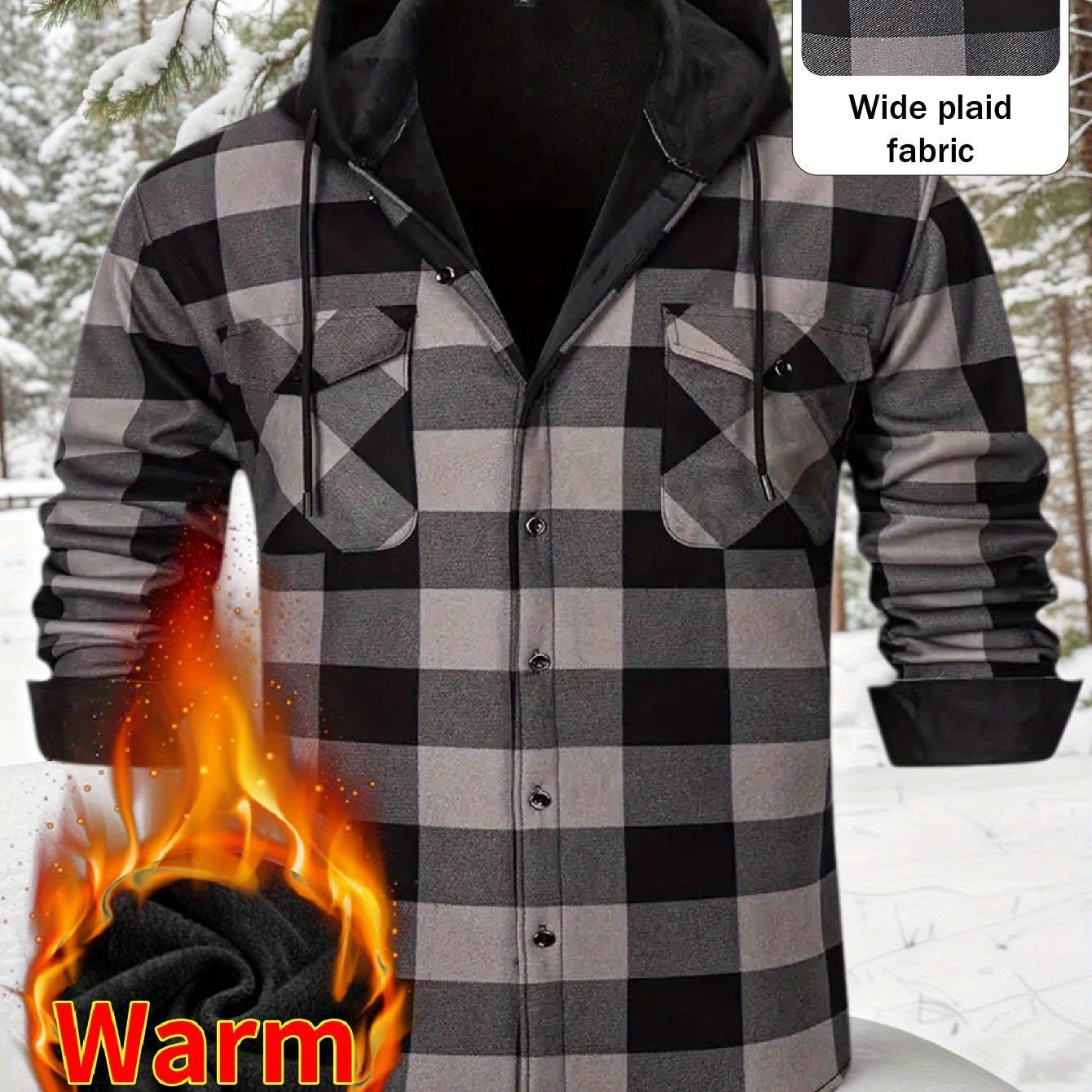 TEMU 2025 Men's Warm Hooded Work Shirt - Fleece-lined Durable Outdoor Shirt | Comfortable Layering Piece For Fall And Winter | From Countryside To