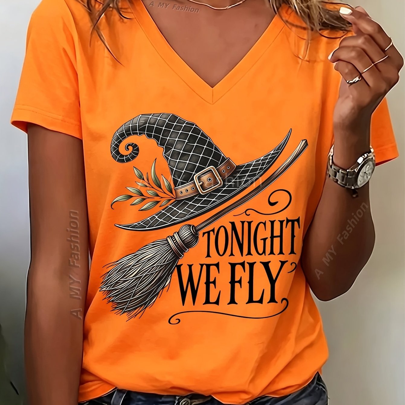 TEMU Top - Women's V-neck T-shirt, Standard Size. Halloween Holiday Clothing. Women's Summer Wear. Vintage Witch Hat And Broom Print V-neck Short