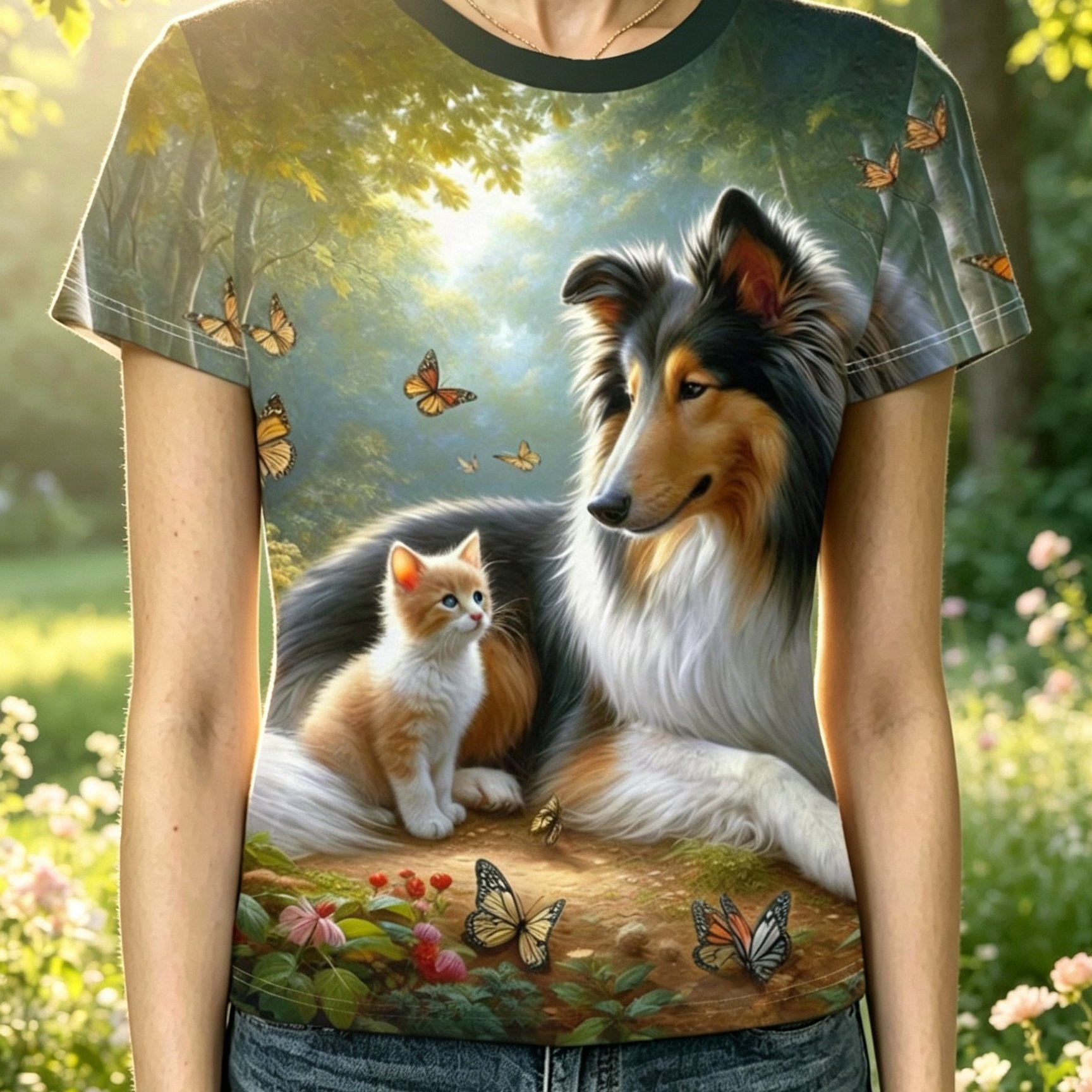 TEMU Women's Collie & Kitten Forest T-shirt - Short Sleeve Round Neck -compatible Top Suitable For Spring Summer Fall, Casual Casual Attire With