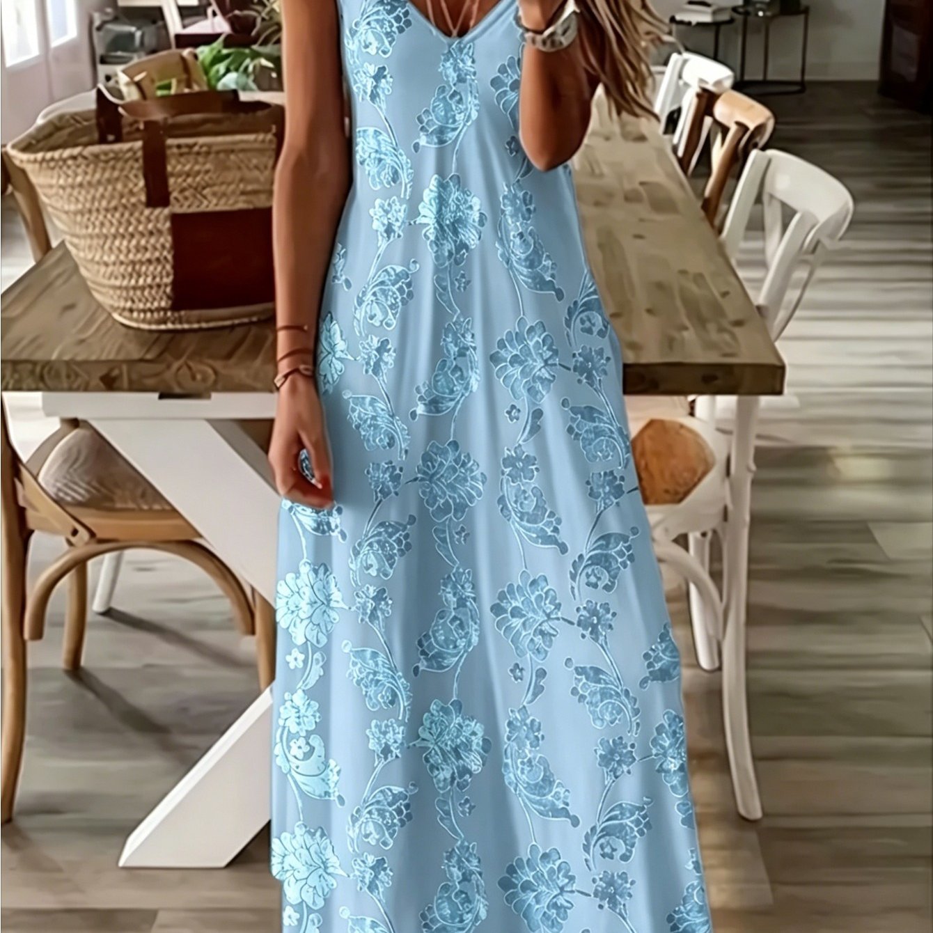Image of Plus Size, Large Size Print Dress For Women, Loose And Thin V-neck Sleeveless Long Dress, Casual Suspender Vest Dress, Comfortable Suspender Dress For Seaside Vacation, For Her