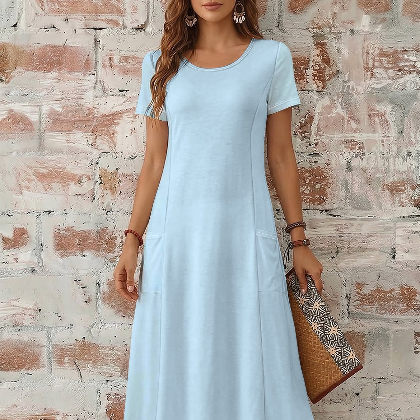 TEMU Women's Casual Dress - Solid - Round Neck Short Sleeve Pocket Maxi Dress - Women's Beach Dress - Summer Loose Dress