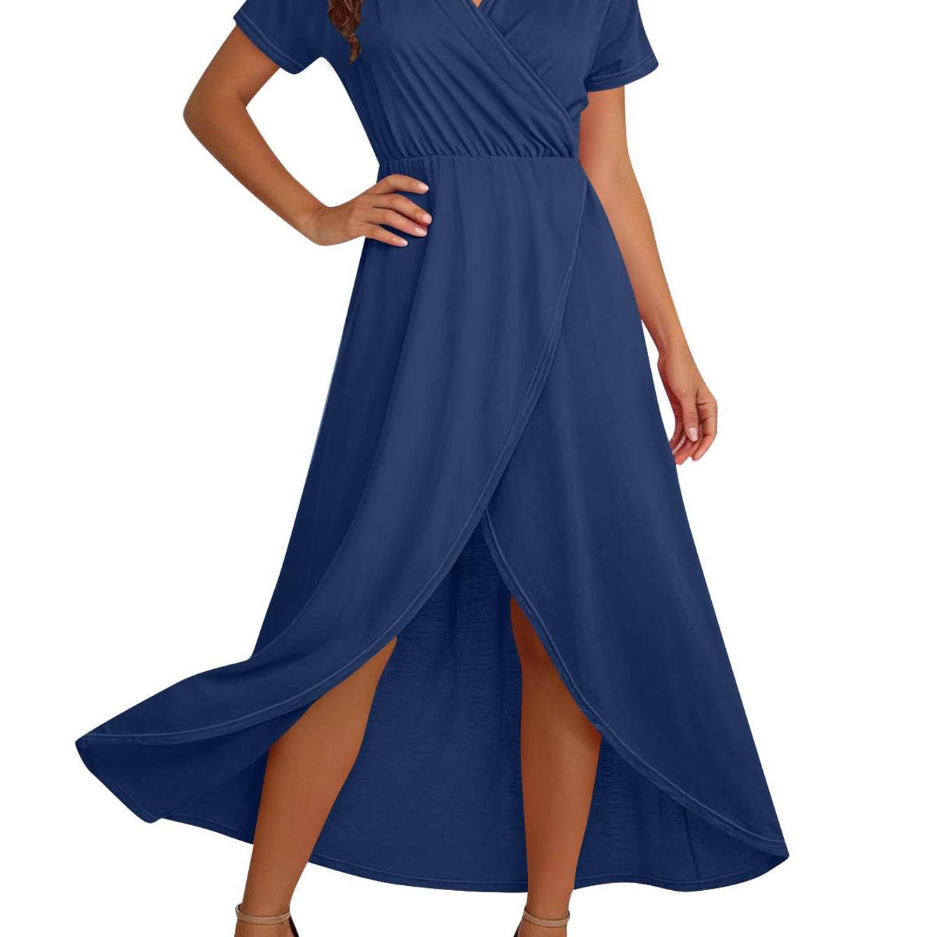 Image of Women's Short Sleeve V-neck Midi Dress, Casual Summer Dress