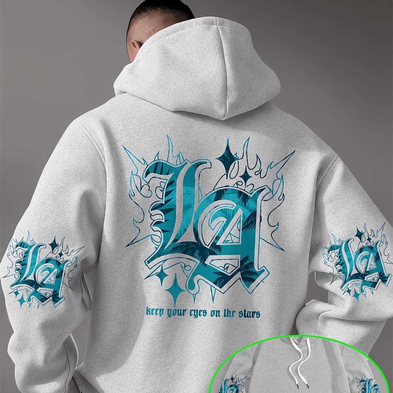 TEMU Men's Hooded Sweatshirt With "la" Trendy Print And Matching Arm Design, Super Stylish "la" Pattern, Perfect For Casual To American Themed And