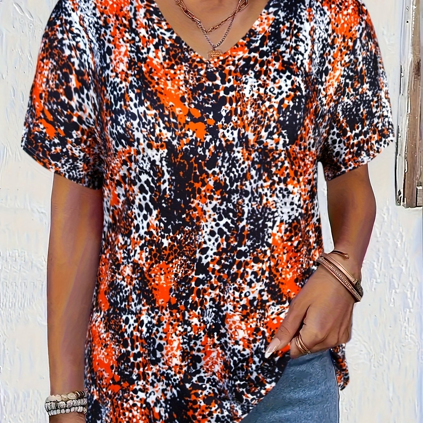 Plus Size - Plus Size - Plus Size Casual Top, Women's Plus Size Printed Short Sleeve V-neck Stretchy Shirt