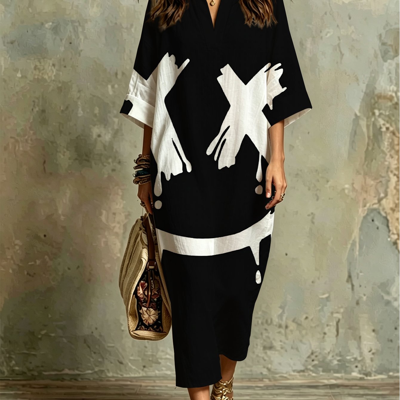 Image of Plus Size, Fashion Casual Kaftan Dress With Grunge Smiling Print Black White Loose Fit Comfortable Lightweight Summer Beach Wear