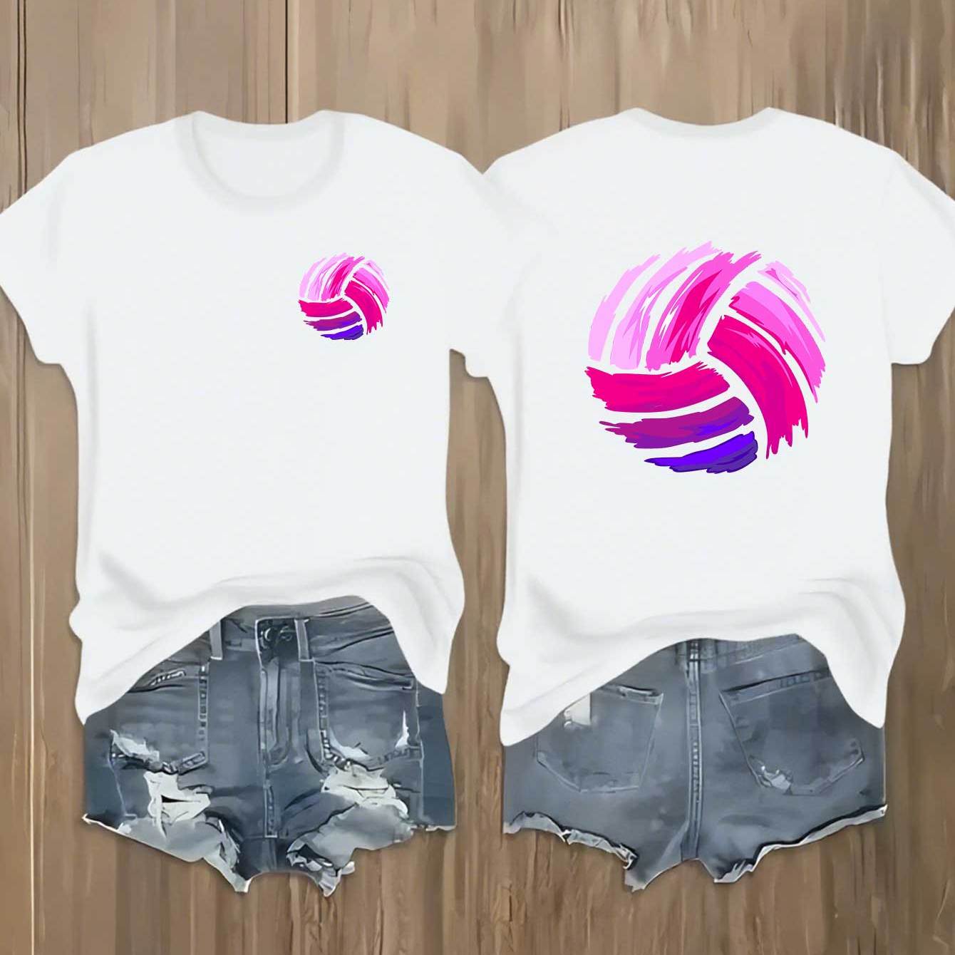 TEMU Y2k Style Women's Casual Sports T-shirt With A Round Neck And Short Sleeves, Featuring Creative Double-sided Volleyball Prints. This Summer