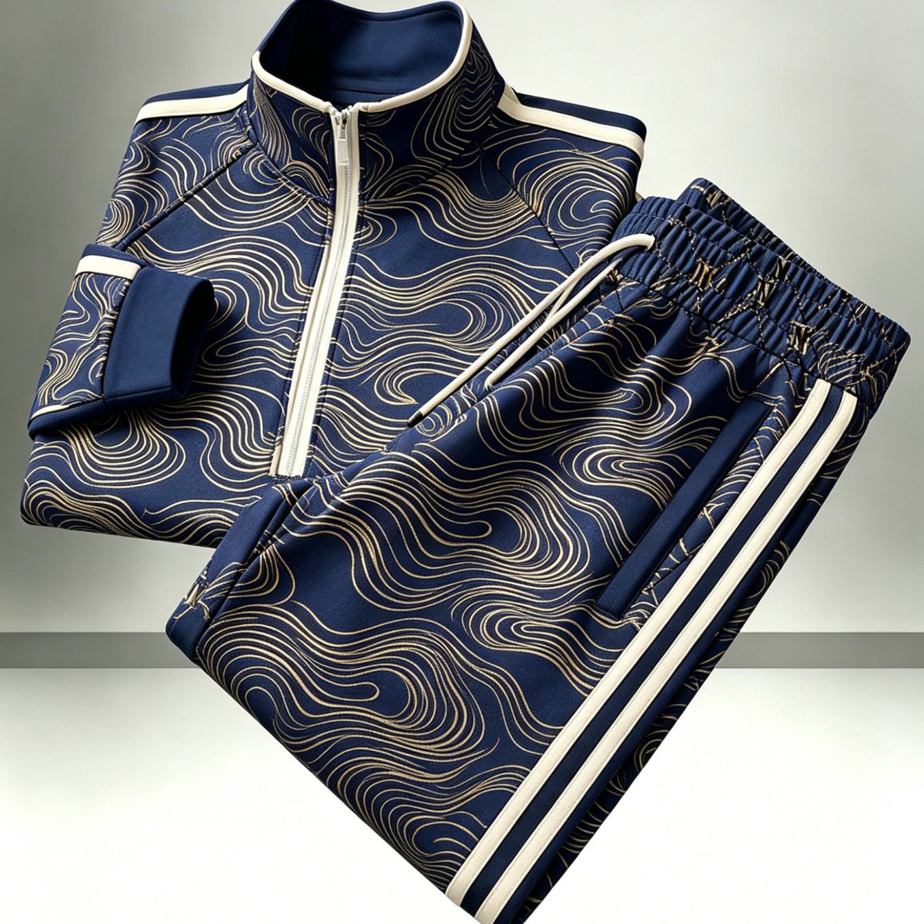 Men's Polyester Stand Collar Zipper Sports Set Easy Printed Side Stripe Loose Casual 2 Piece Suit