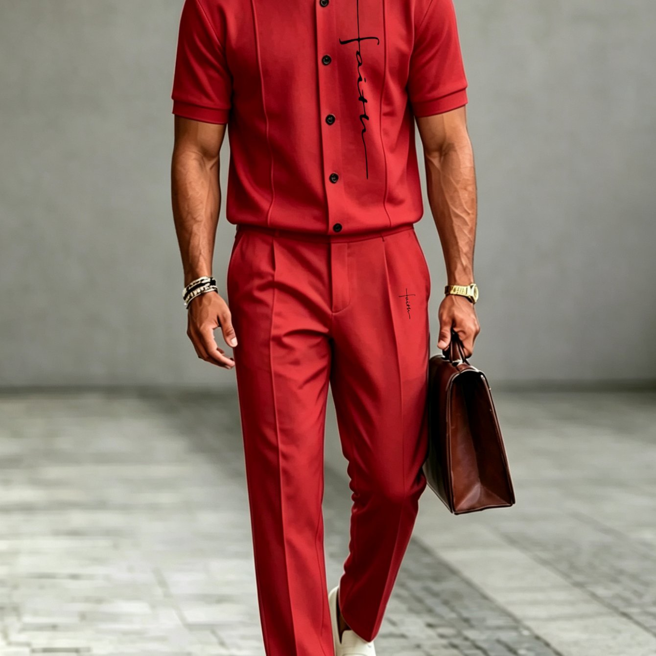 Two-piece Set: Men's Business-casual Printed Button-up Jacket (short Sleeve) With Matching Trousers - Multiple Colors , Plus Size
