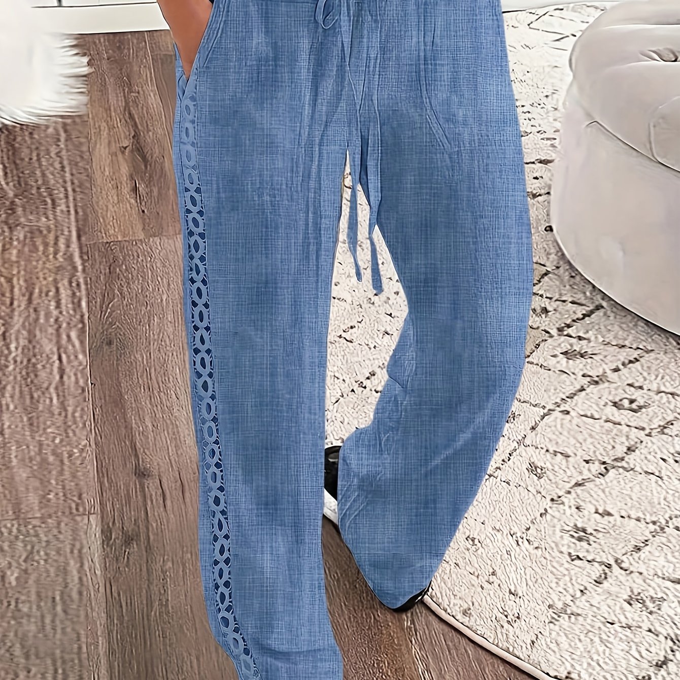 TEMU Women' Color Long Pants, Side Seam Lace Trim, Casual Wear, Loose Trousers