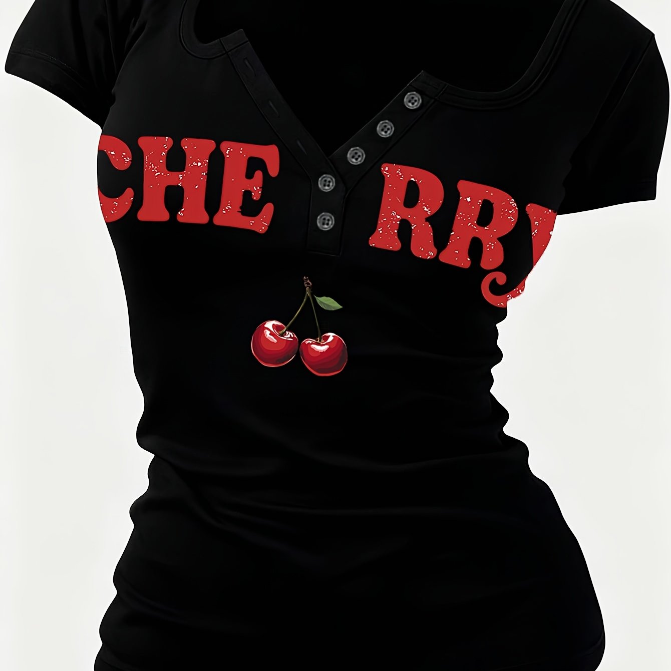 TEMU Small Version Slim Fit, Cherry Art Letter Pattern, Women's Outfit Button Hot Sexy Design Non-v-neck Women's T-shirt, Suitable For Spring, Summer