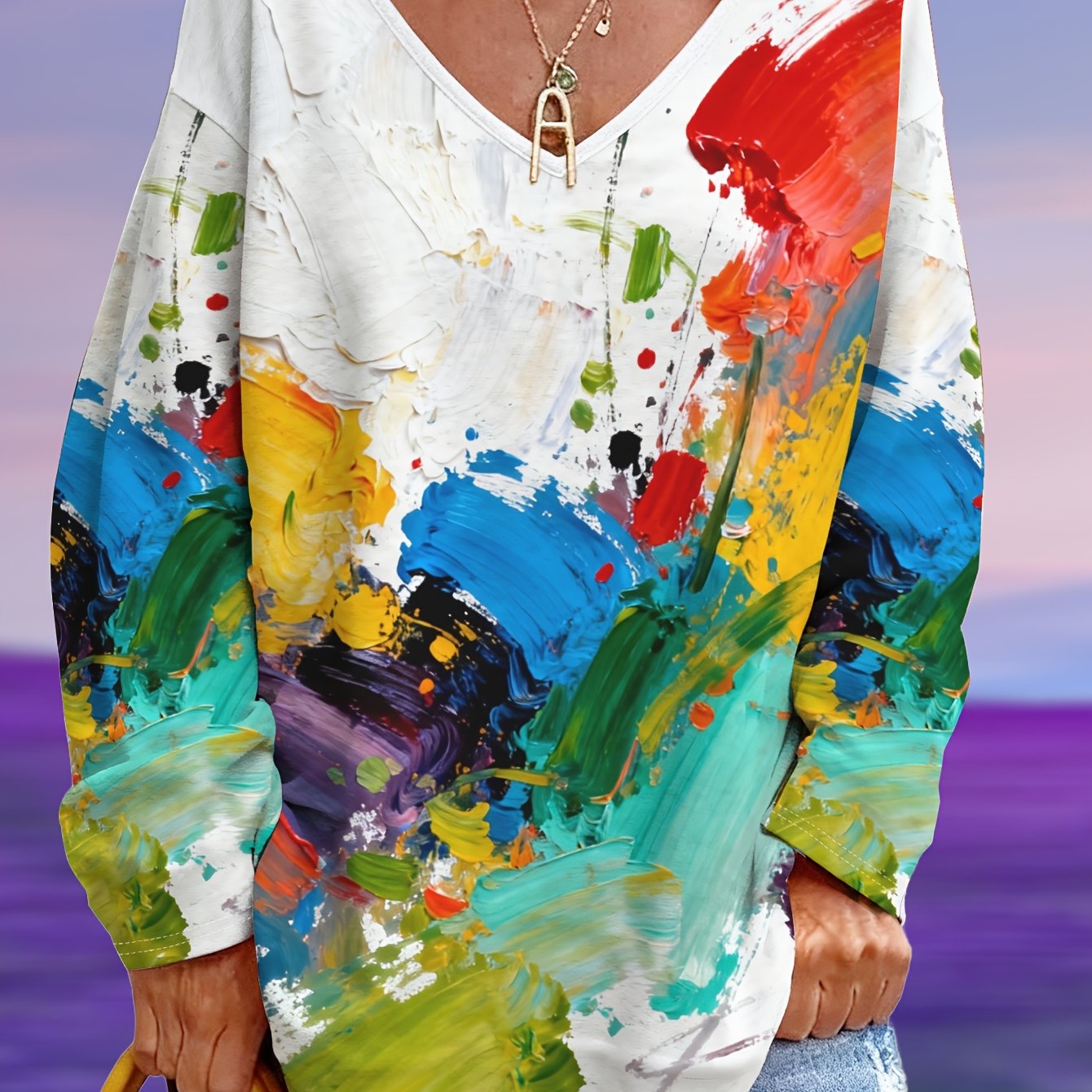 E-shop Plus Size - Plus Size - Plus Size Damen Weißer Grund Farbiger Blumenmuster Lockerer V-Ausschnitt T-Shirt, Plus Size Damen Figur-Flatternd