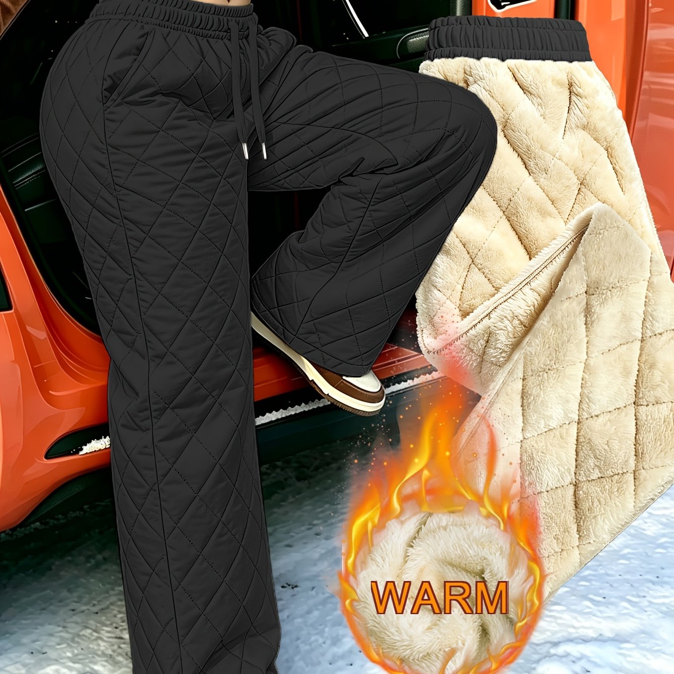 TEMU Autumn Easy Solid Color Fleece Thickened Diamond Check Women's Pants, Comfortable Fabric, Plush Lining, Suitable For Outdoor Leisure And Daily