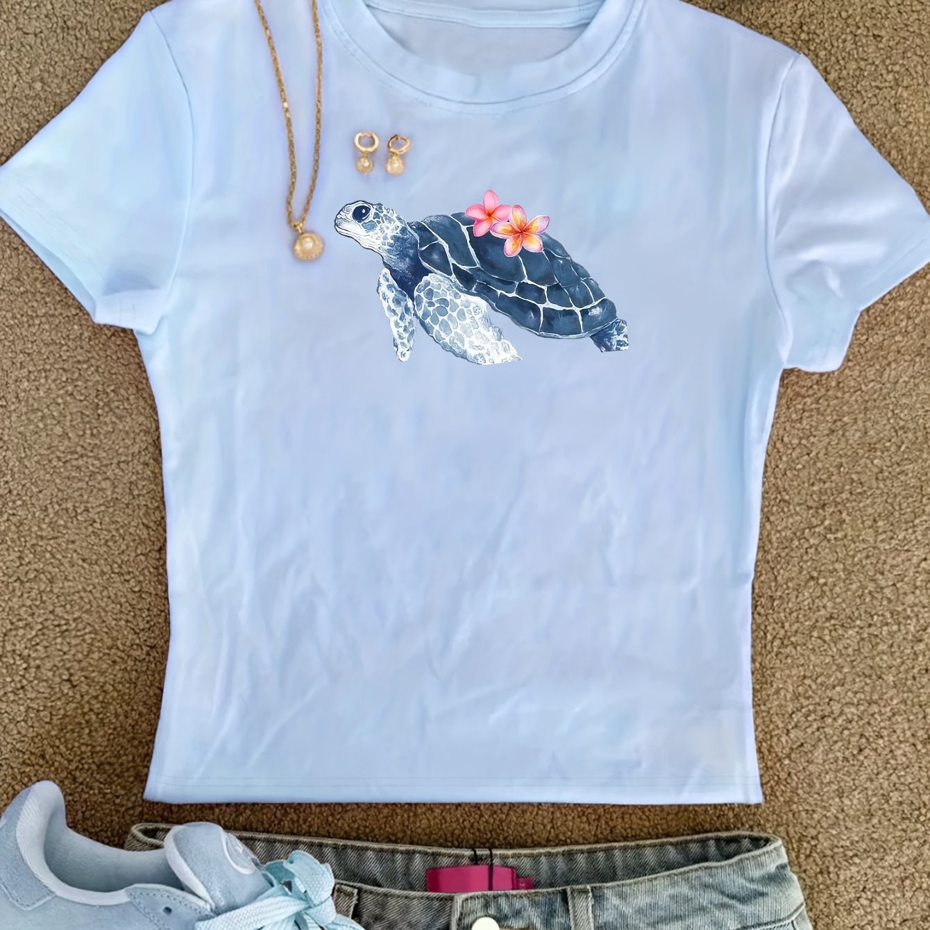 TEMU 00008-a Women's Tight Top, Creative And Fashionable Sea Turtle Floral Print, Pure And Desire Korean Y2k Style Summer Round Neck Short-sleeved