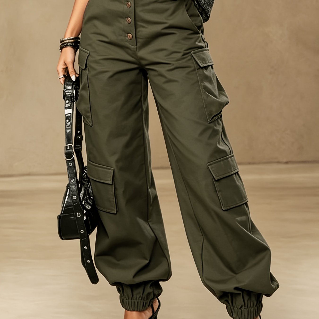 Image of Women's Multi-pocket Cargo Pants | Loose And Wide-leg Casual Trousers, Suitable For Streetwear Outfits And Summer, Solid Color, Vintage Style By Scacto