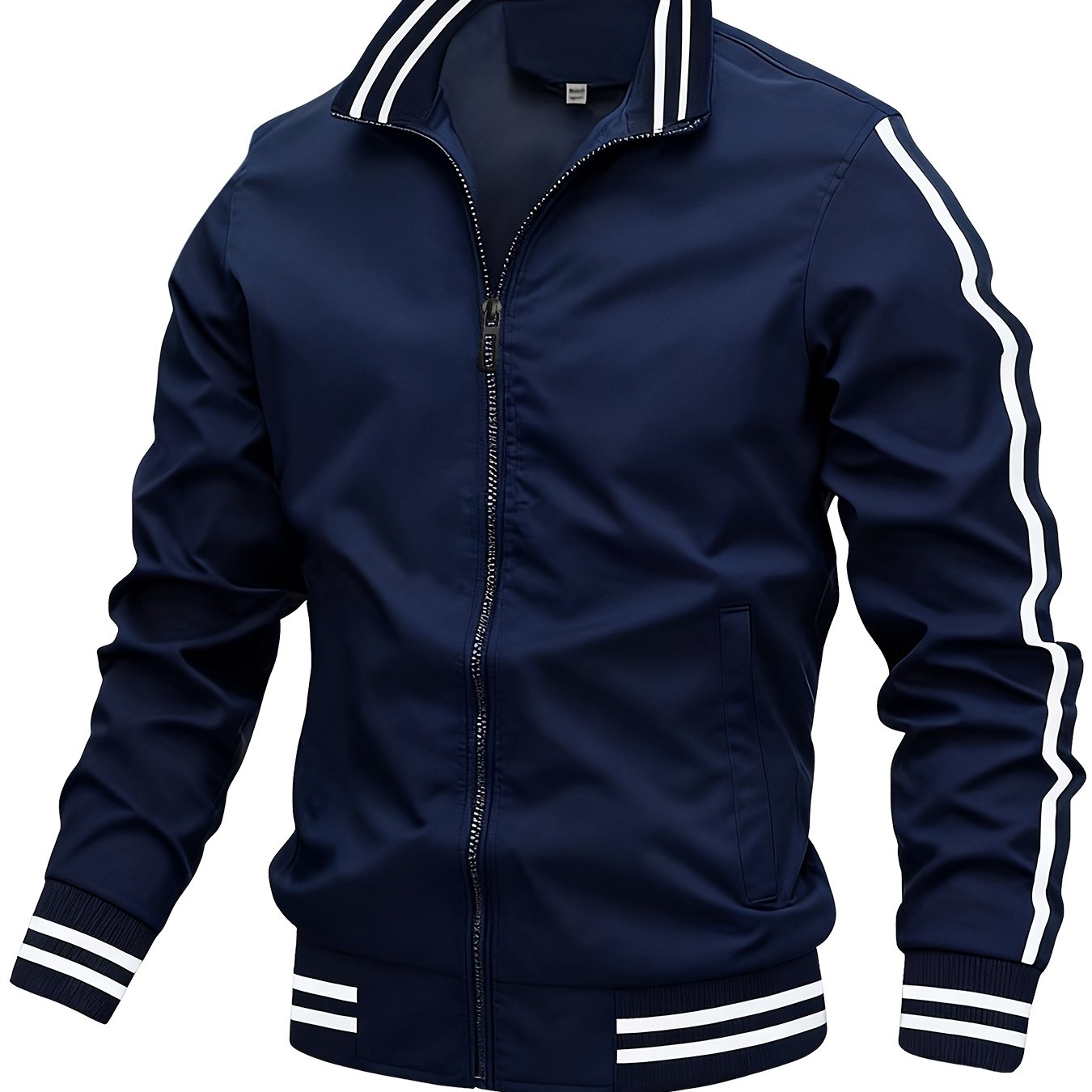 TEMU Men's Casual Sports Jacket | Lightweight, Stand Collar, Zipper Closure, Striped Pattern, Long Sleeve - Ideal For Spring/fall