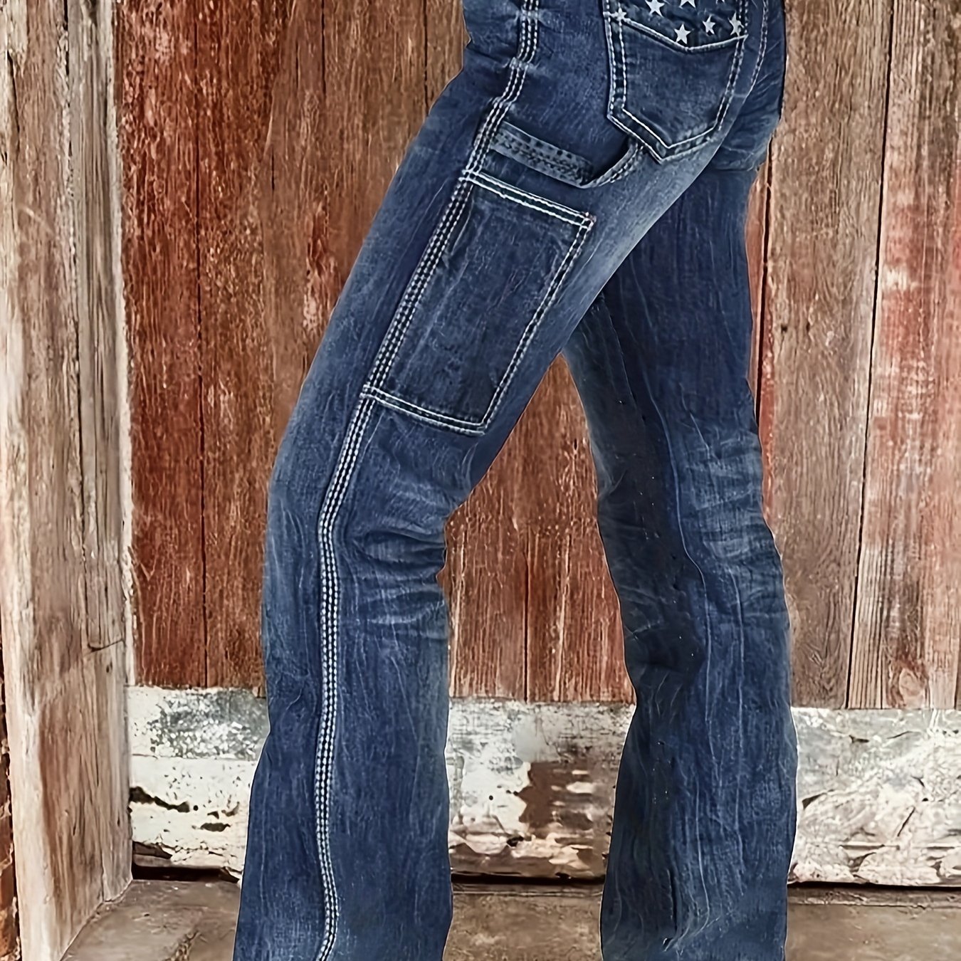 Women's High-waisted Flare Jeans With Star Embroidery, Distressed Denim, Multi-, Stretchy Fit
