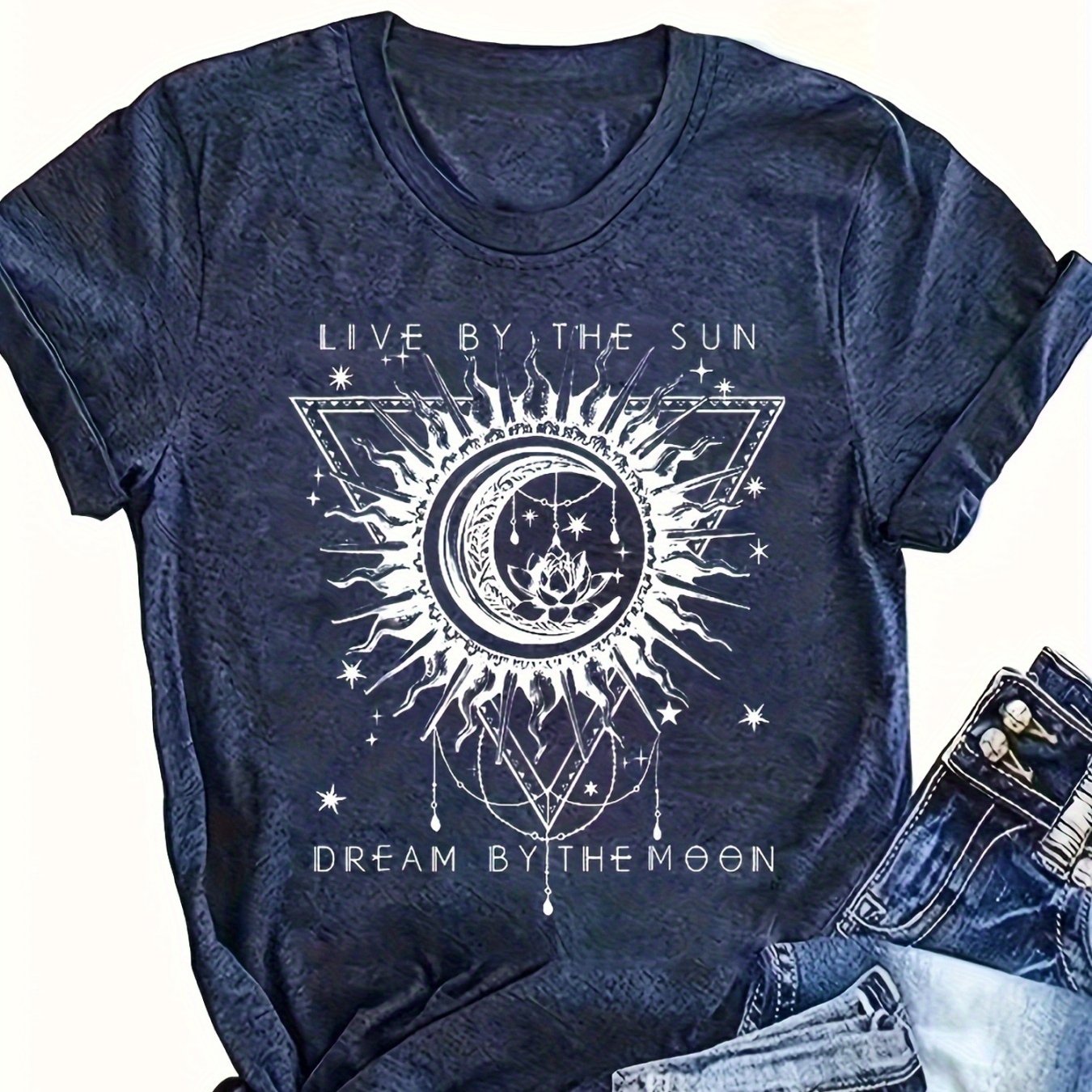 TEMU Casual Short Sleeve Crew Neck Lotus Print T-shirt - Women's Top.jpgsame Style For Men And Women 2025 Summer Short-sleeved Printed T-shirt Pure